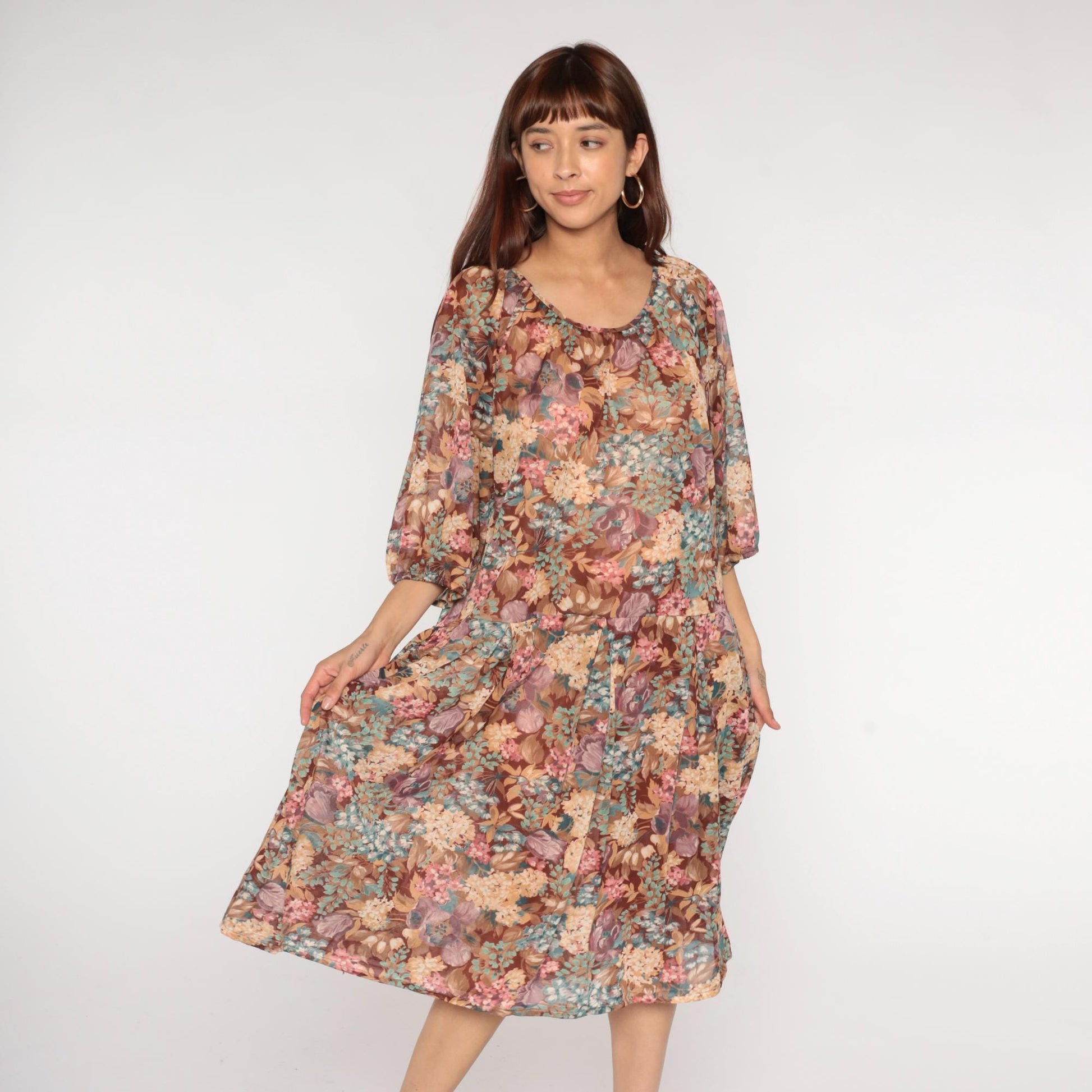 1970s Brown Floral Midi Dress Bishop Sleeve Earth Tone Mauve Teal Large
