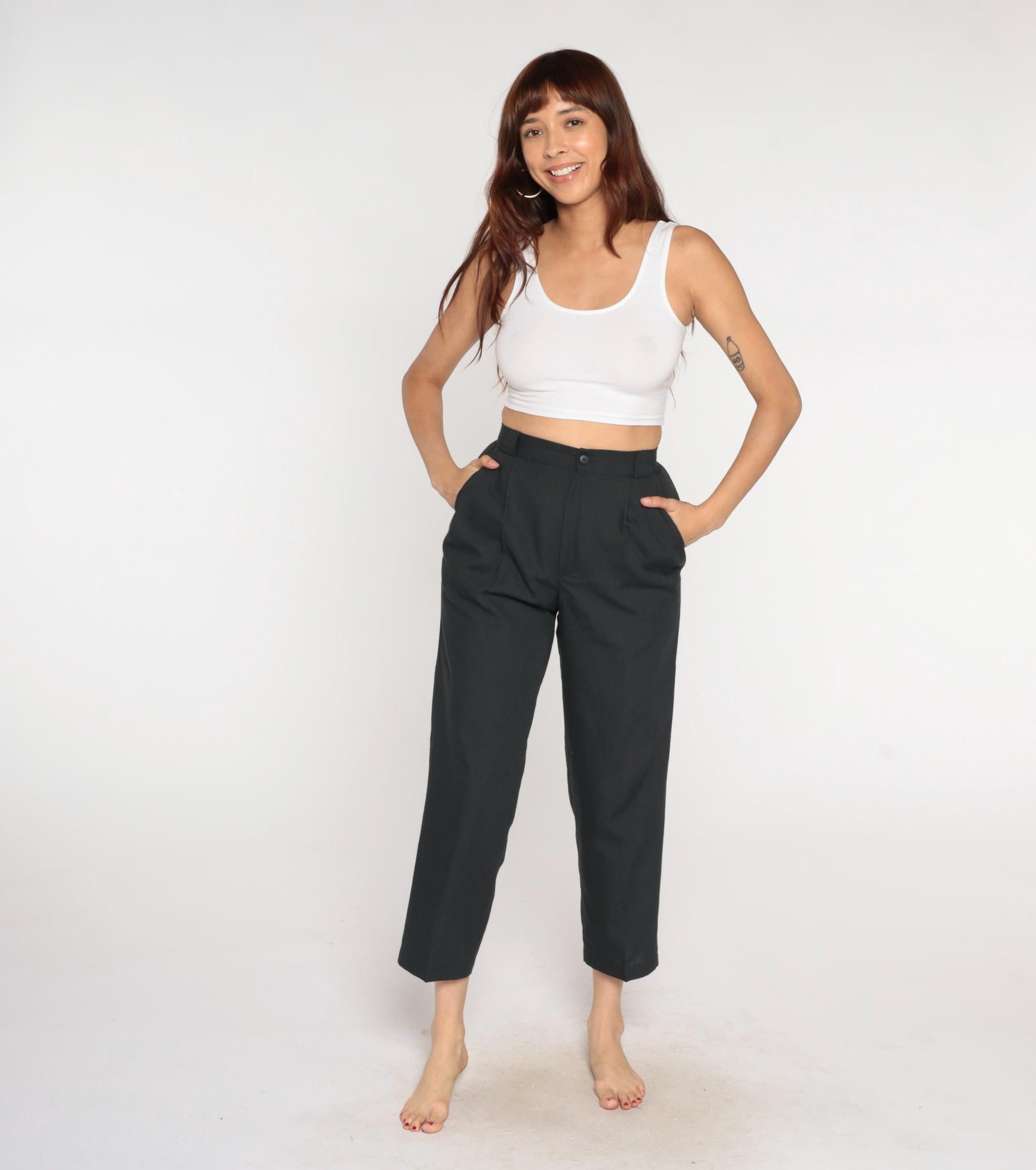 80s Black Pleated High-Waist Tapered Trousers Cropped Leg Small