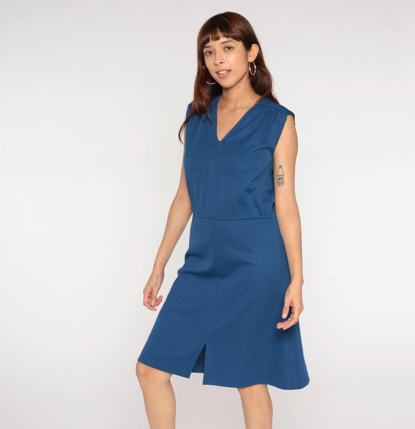 70s Royal Blue A-Line Dress Sleeveless V-Neck Front Slit Medium
