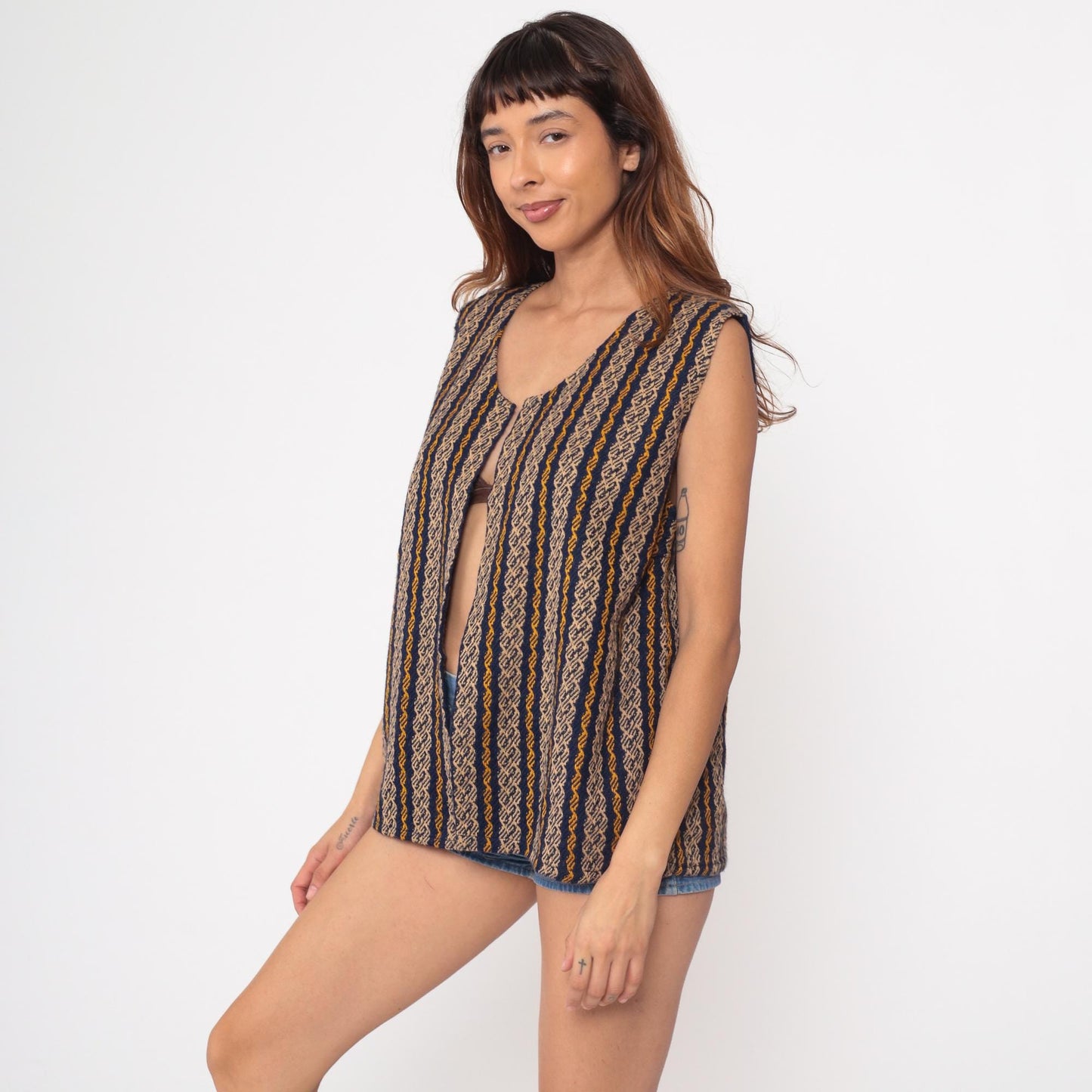 70s Geometric Woven Vest Navy Mustard Tan Stripe V-Neck Sleeveless Small Medium