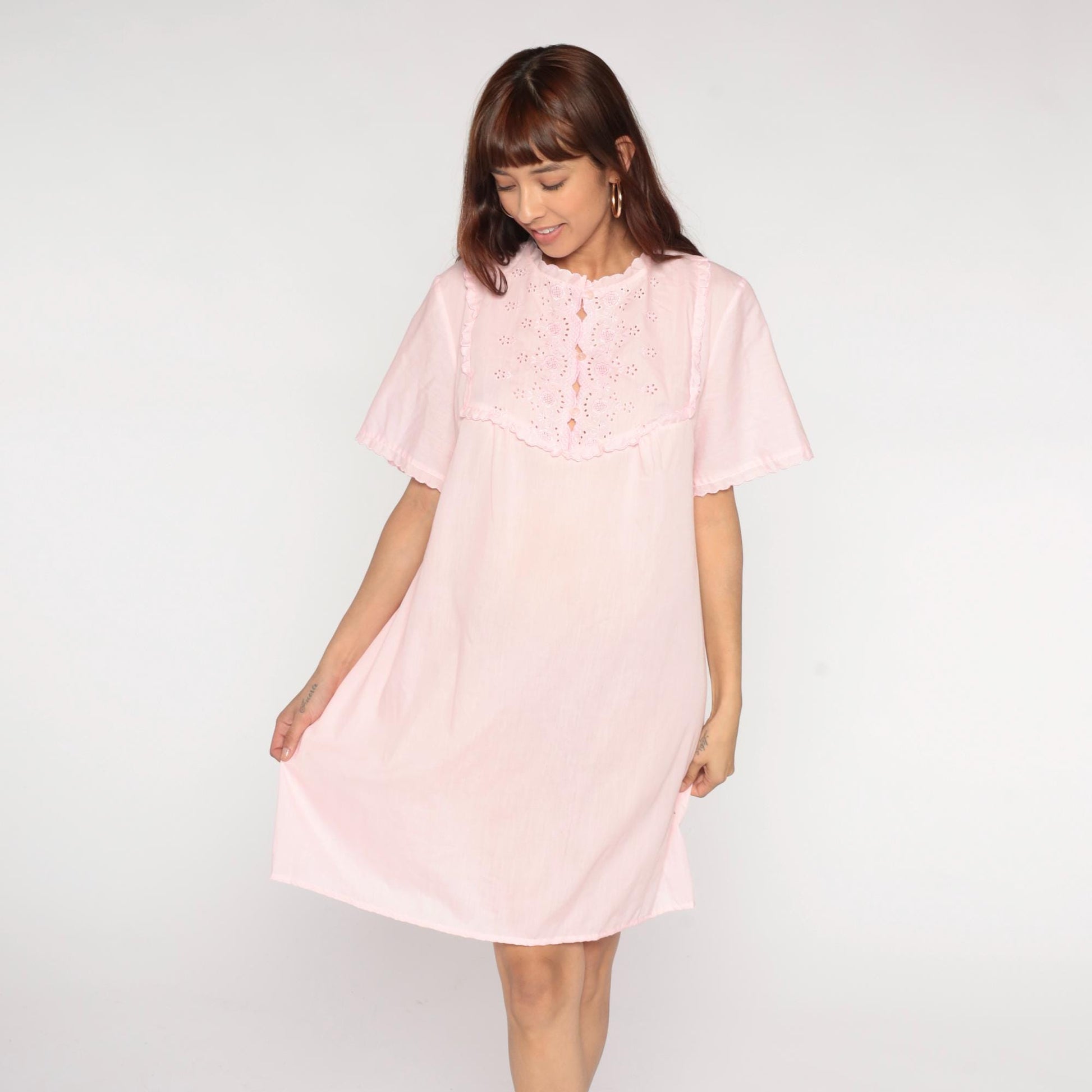 80s Miss Broadway Pink Eyelet Lace Nightgown Button Front Short Sleeve Large