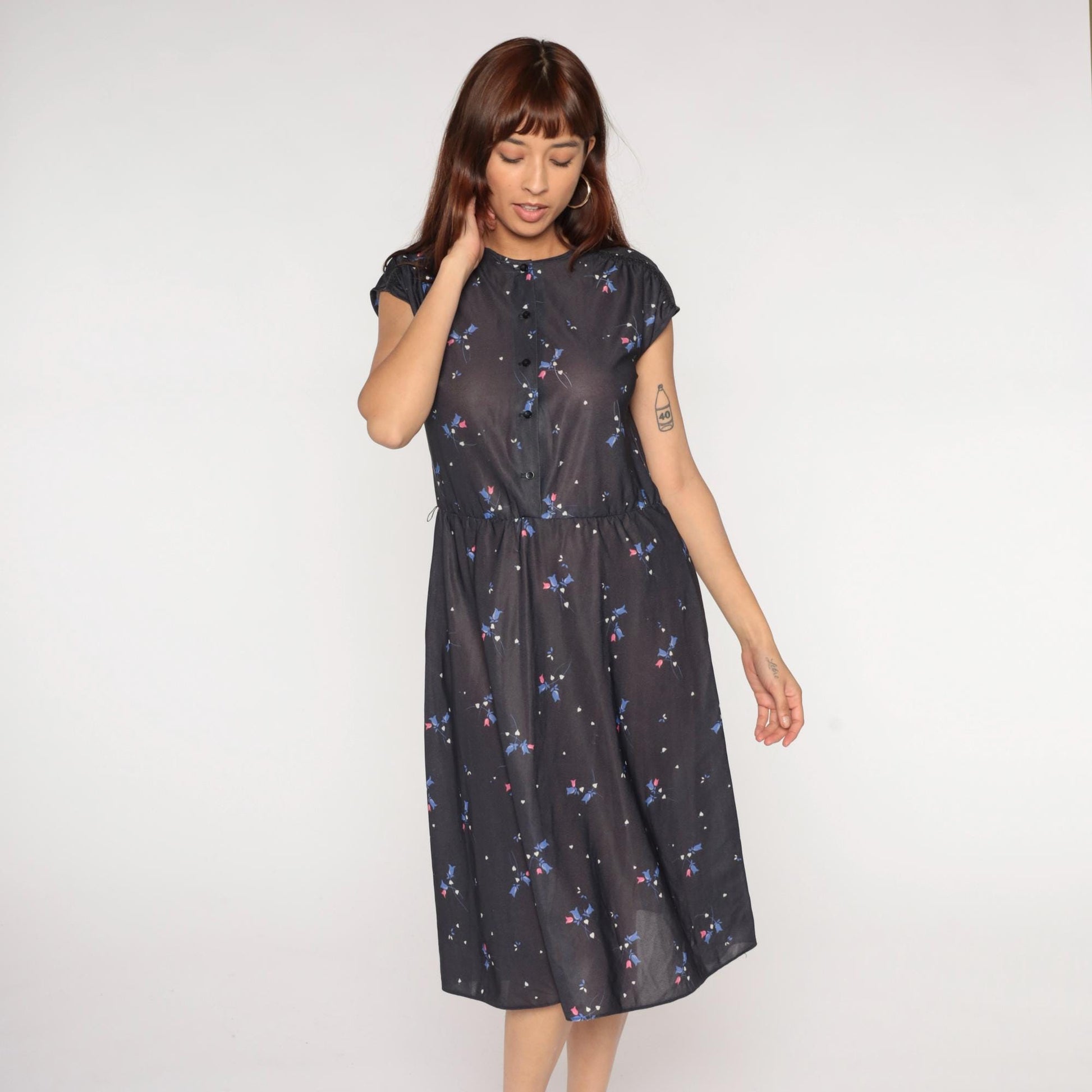 70s Grissom Lane Floral Midi Dress Black Button-Front Empire Waist Large