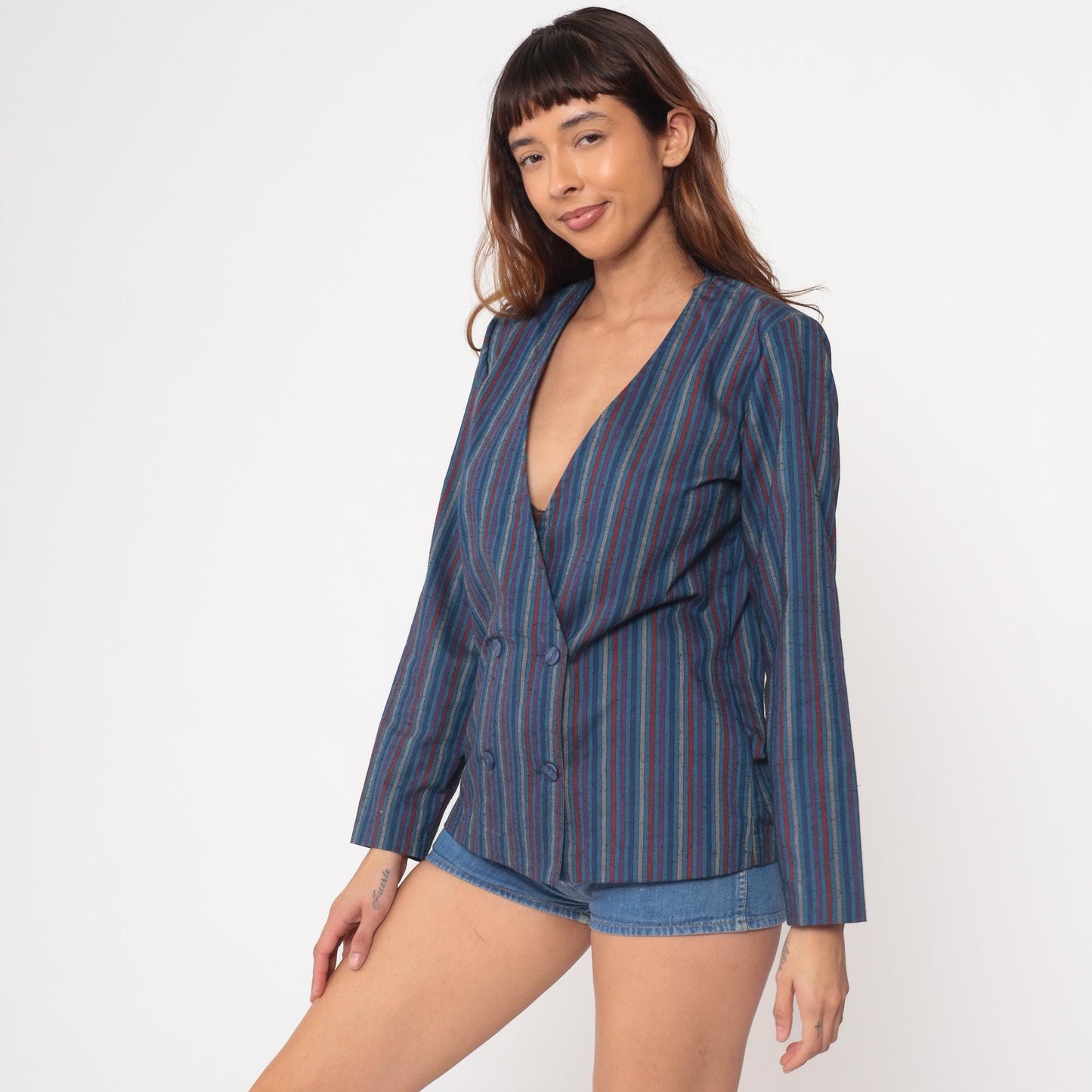 80s You Babes Striped Double-Breasted Blazer Blue Purple Red Medium M