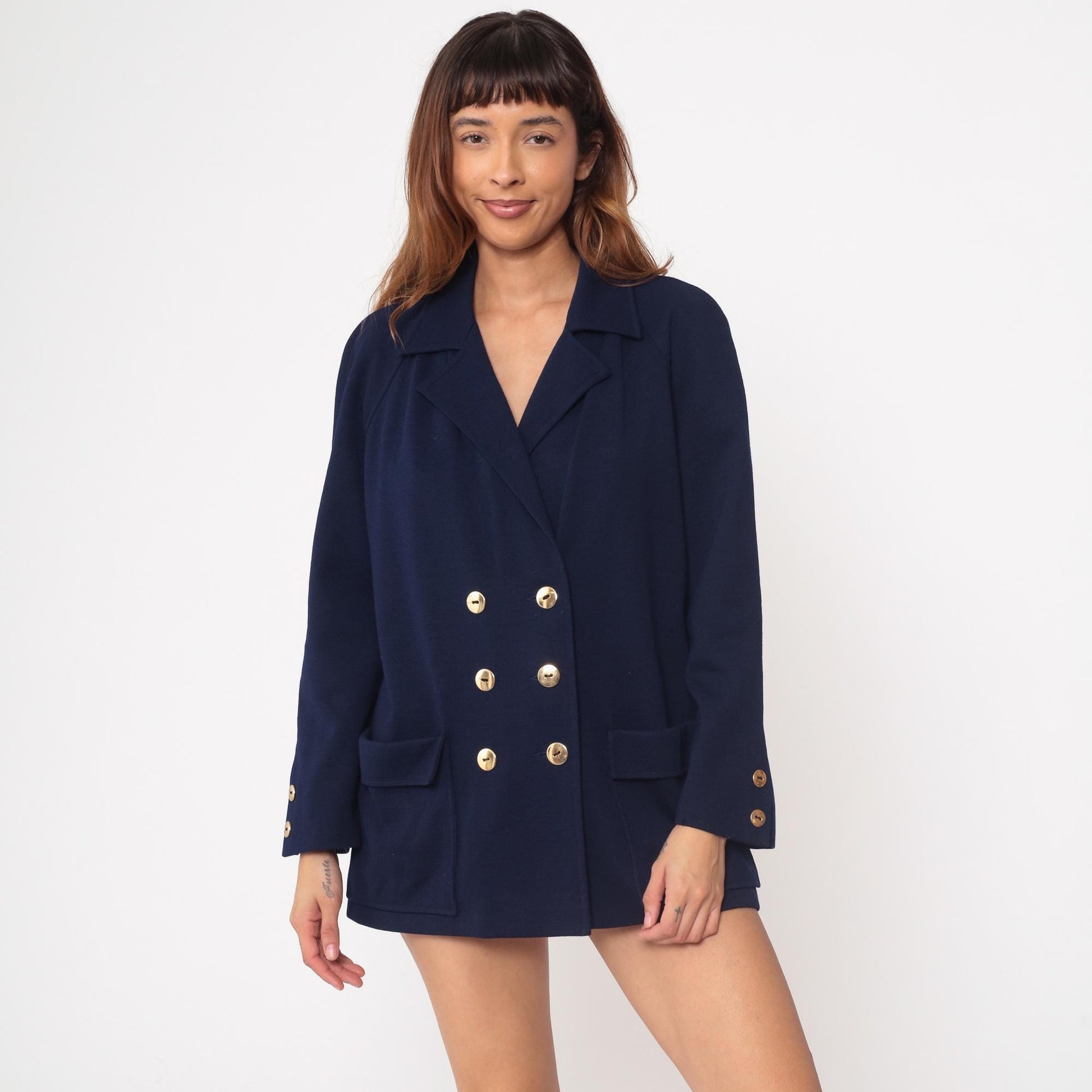70s Marchesa di Grasy Navy Wool Blazer Double Breasted Gold Buttons Medium M