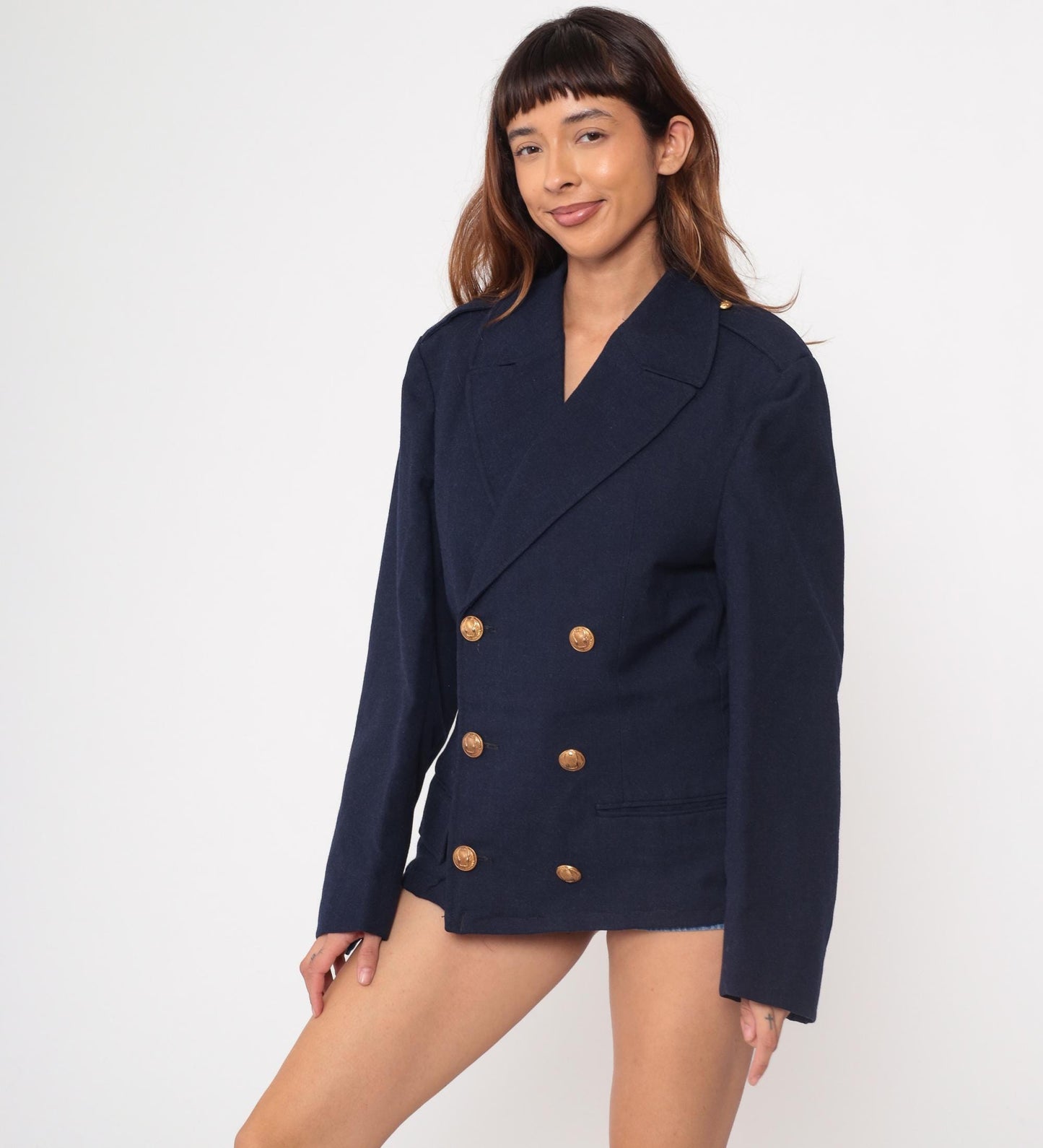70s Navy Wool Blazer Anchor Gold Buttons Double-Breasted Medium