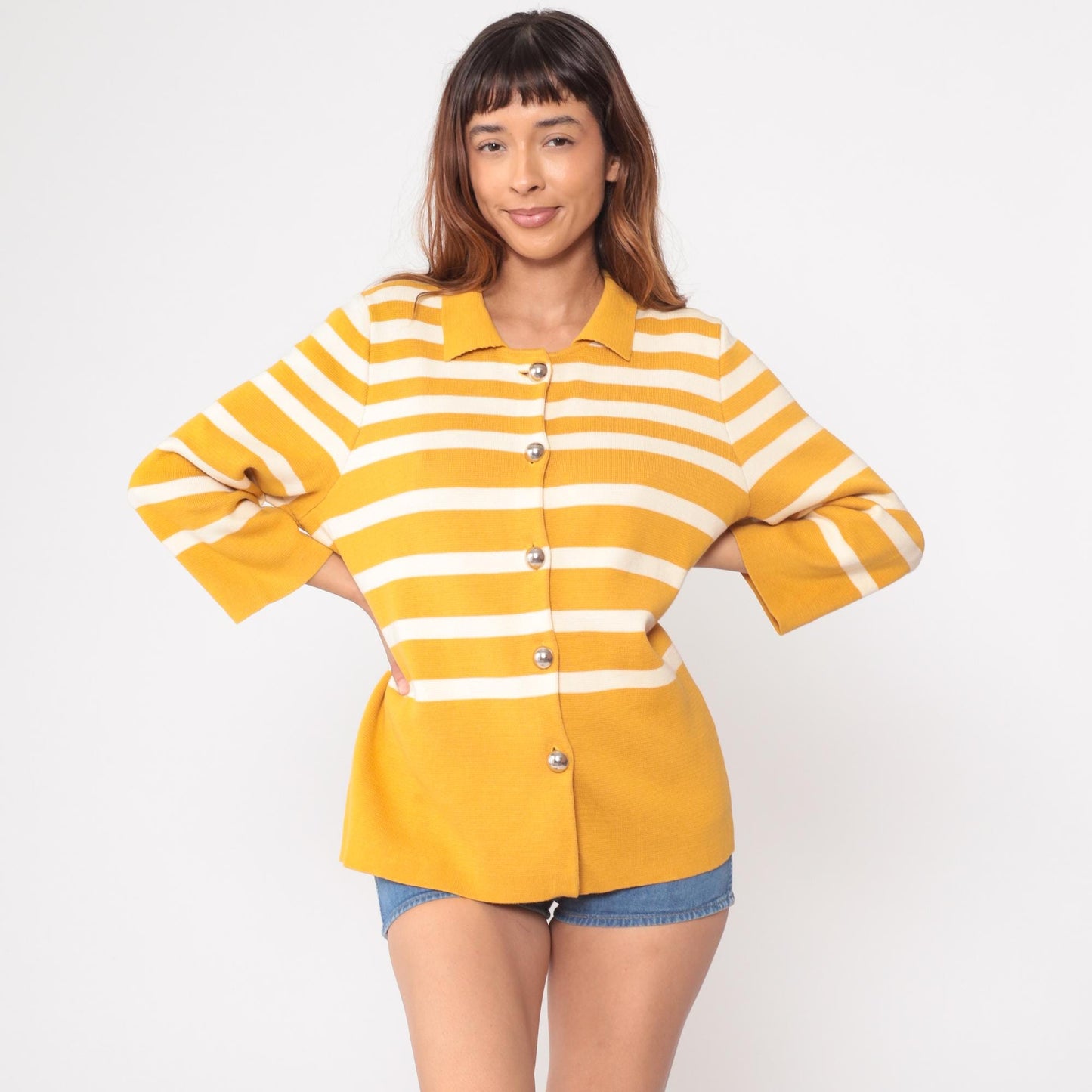 Y2K Liz Claiborne Mustard Striped Cardigan Pointed Collar Large L