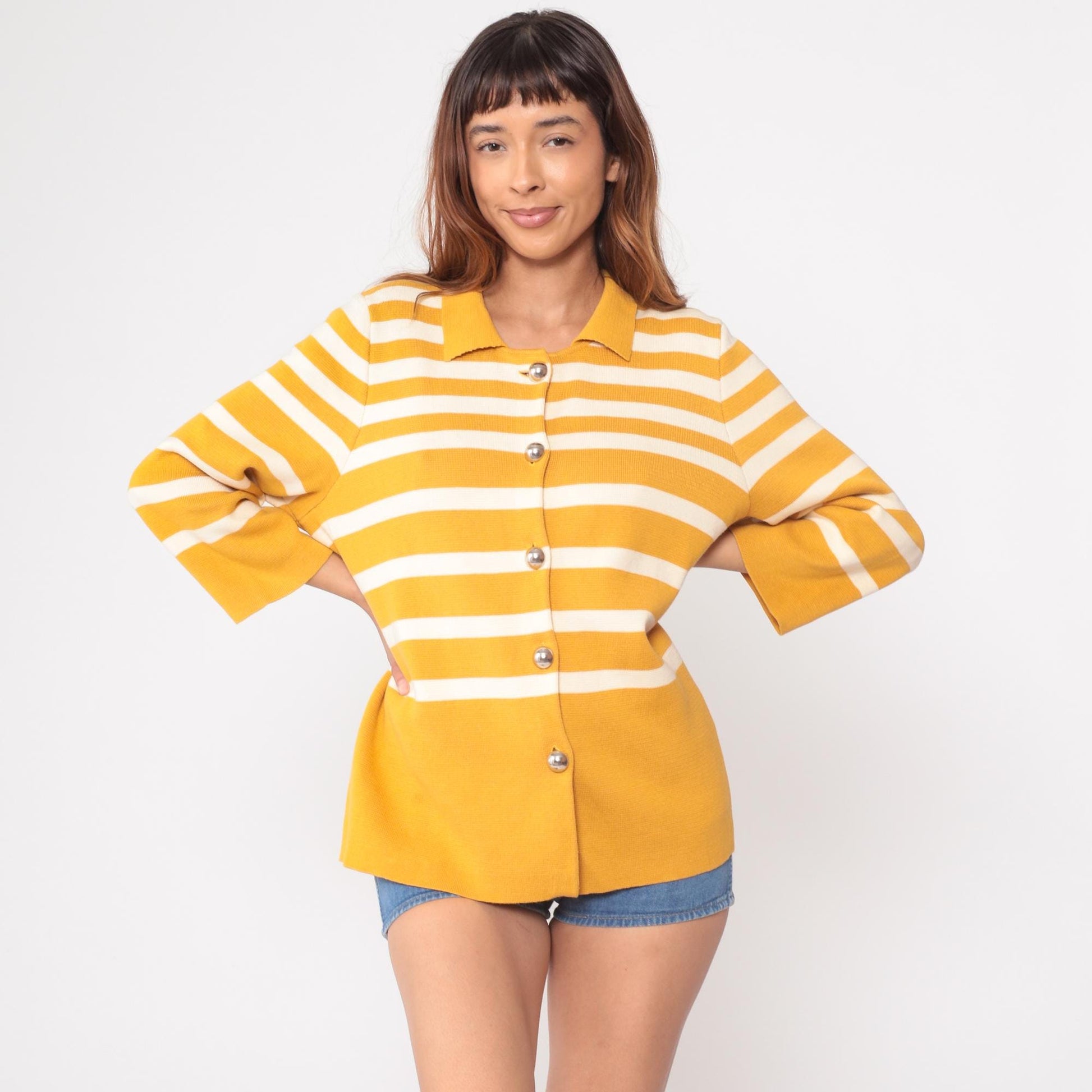 Y2K Liz Claiborne Mustard Striped Cardigan Pointed Collar Large L