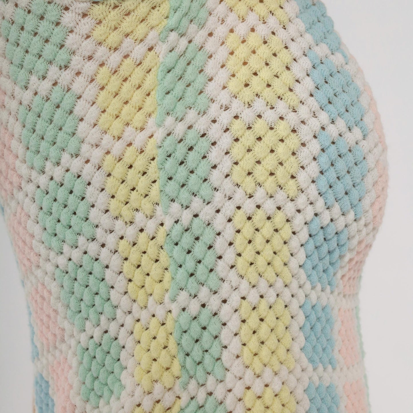70s Pastel Checkered Mesh Crop Top V-Neck Cap Sleeve Pink Blue Yellow Mint Small