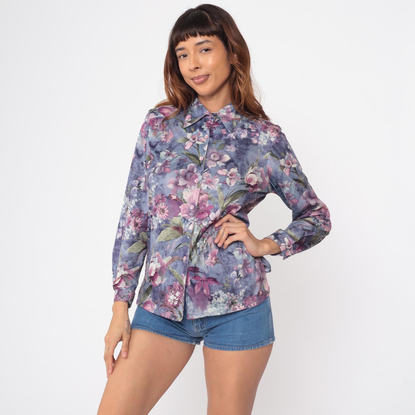70s Lori Watercolor Floral Button Blouse Purple Pink Long Sleeve Small
