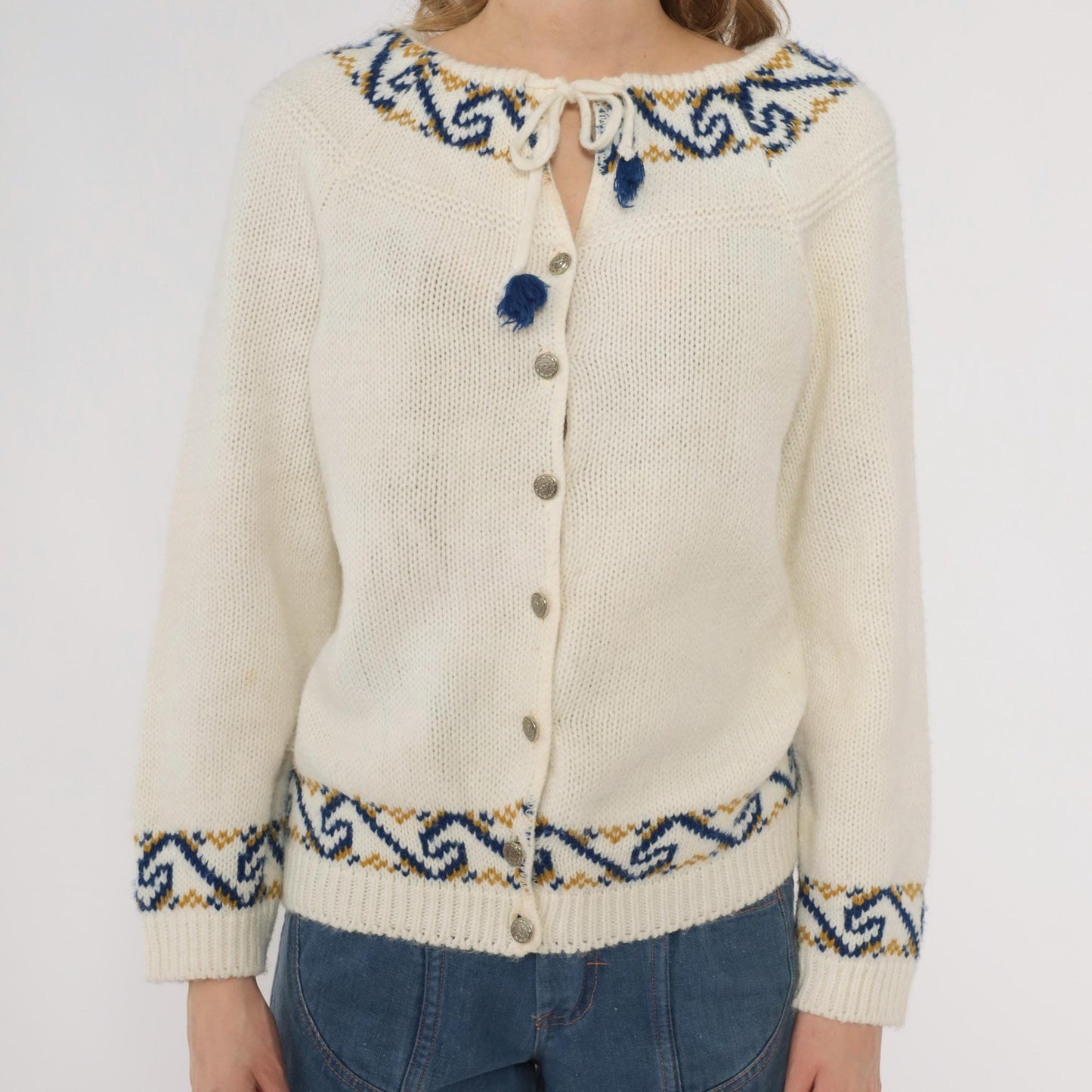 70s Nordic Folk Cardigan Cream Blue Gold Pattern Button Front Medium
