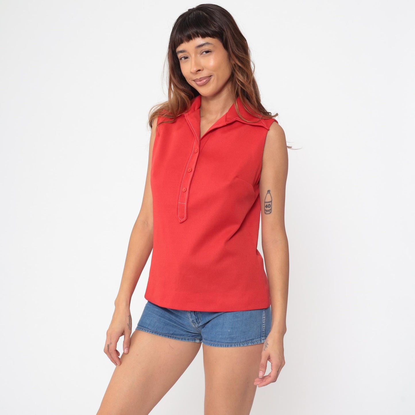 70s Pykettes Red Sleeveless Polo Collared Top Button Placket Medium