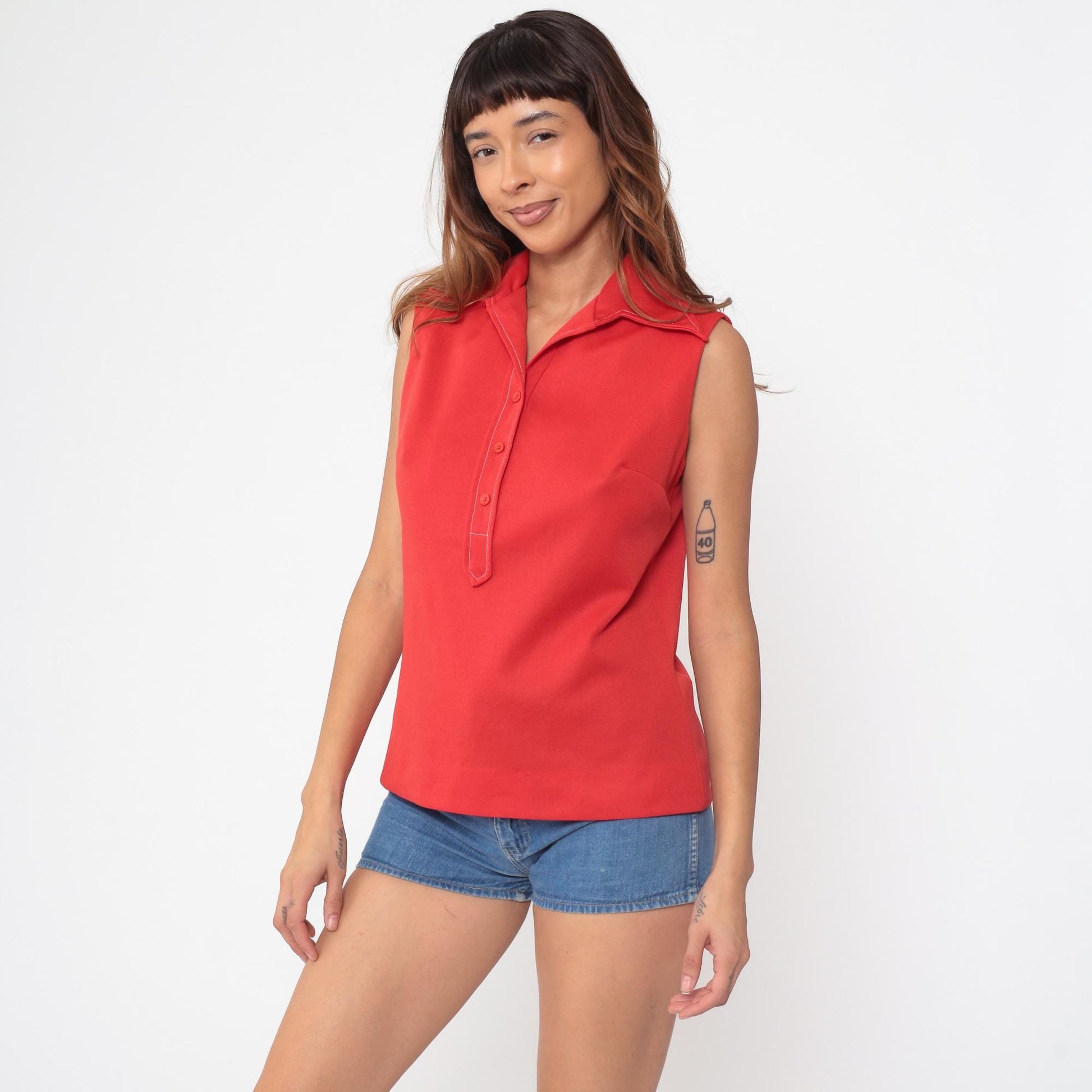 70s Pykettes Red Sleeveless Polo Collared Top Button Placket Medium