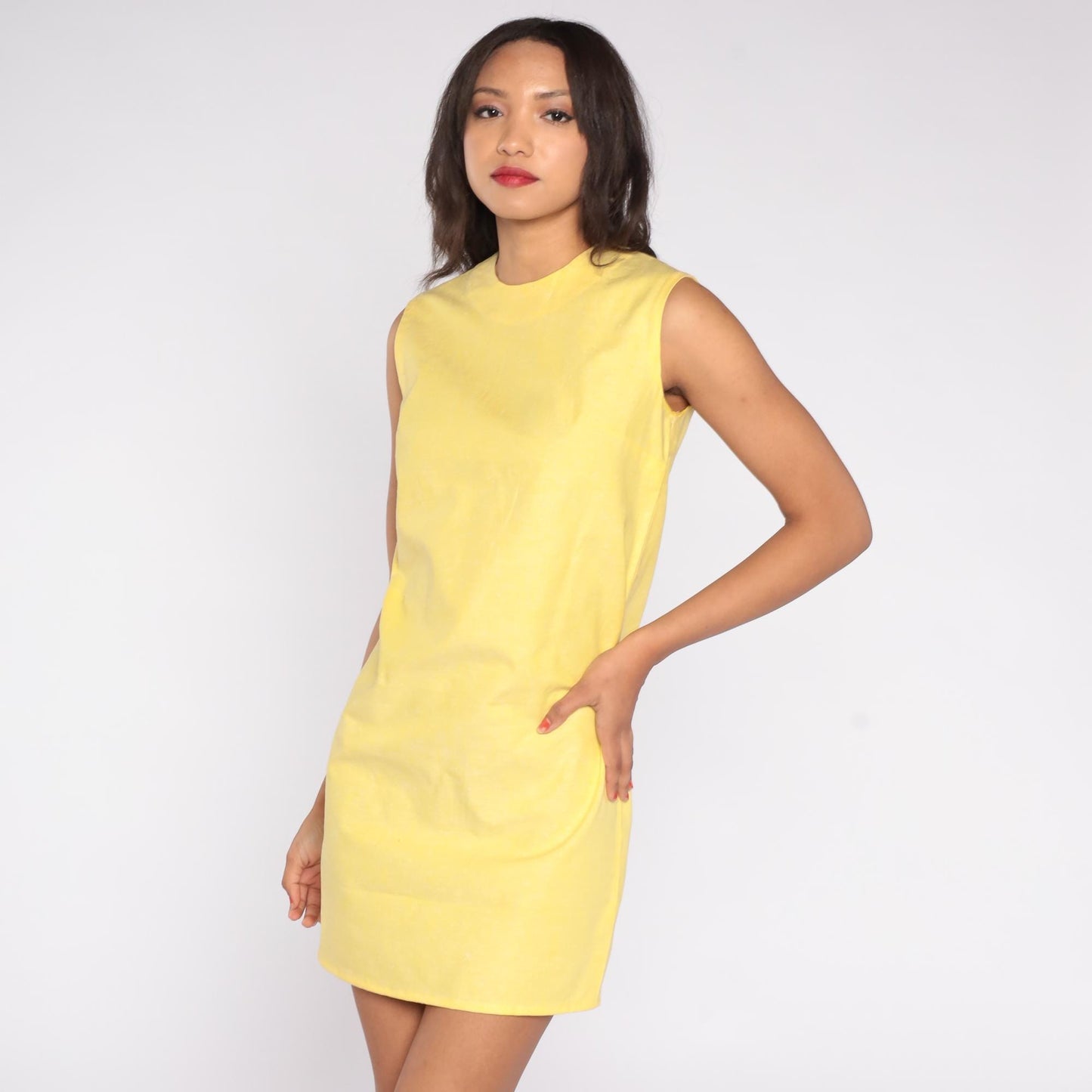 60s Yellow Mini Shift Dress Mod Sleeveless Crew Neckline Small S