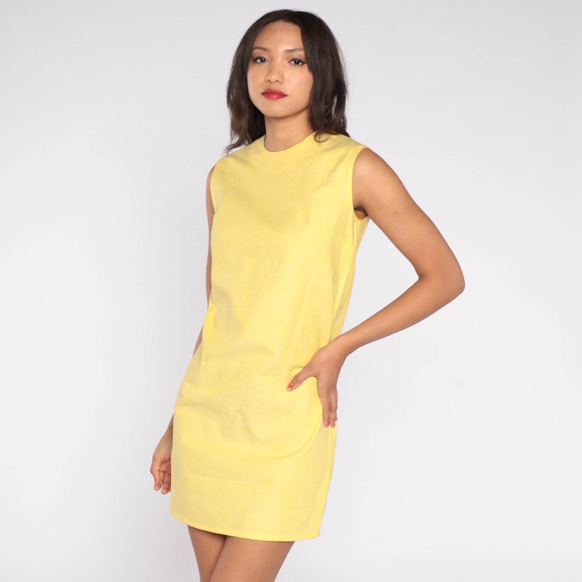 60s Yellow Mini Shift Dress Mod Sleeveless Crew Neckline Small S