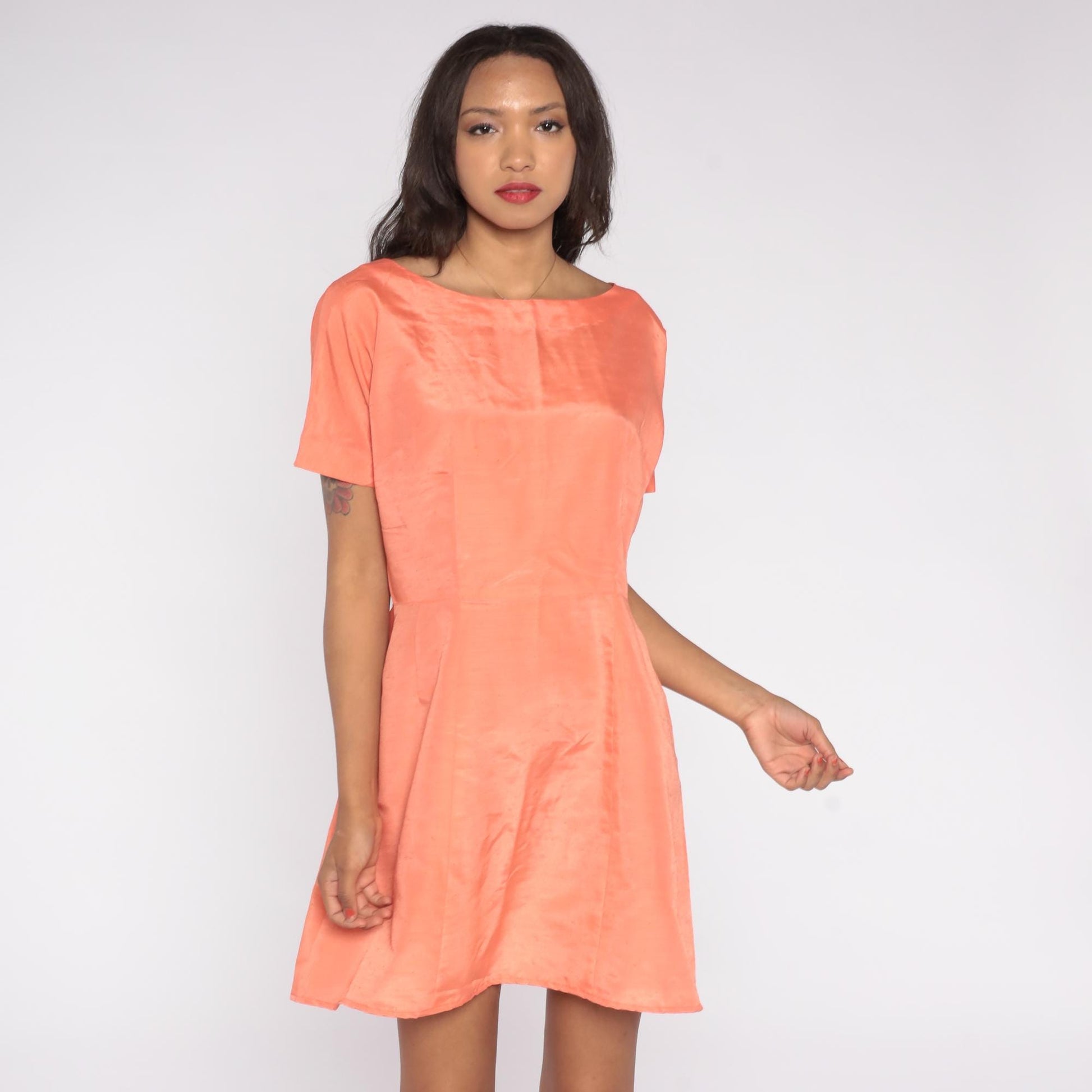 50s Coral Peach Boat Neck Midi A-Line Dress Short Sleeve Medium M