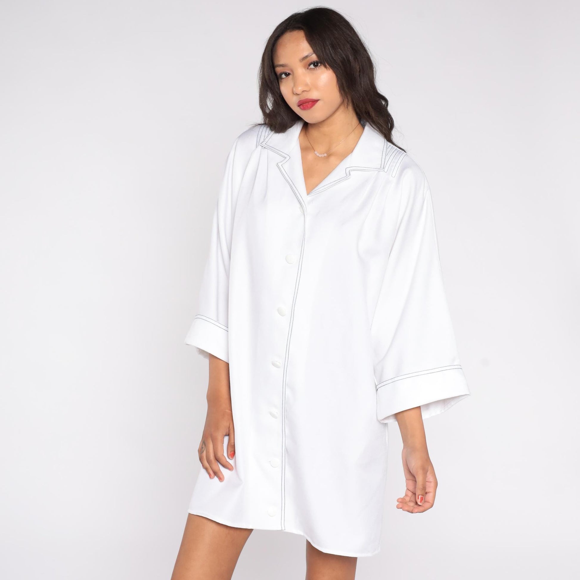 70s Mendel of Dallas White Shirt Dress Black Contrast Stitching Three Quarter Sleeve Extra Large XXL