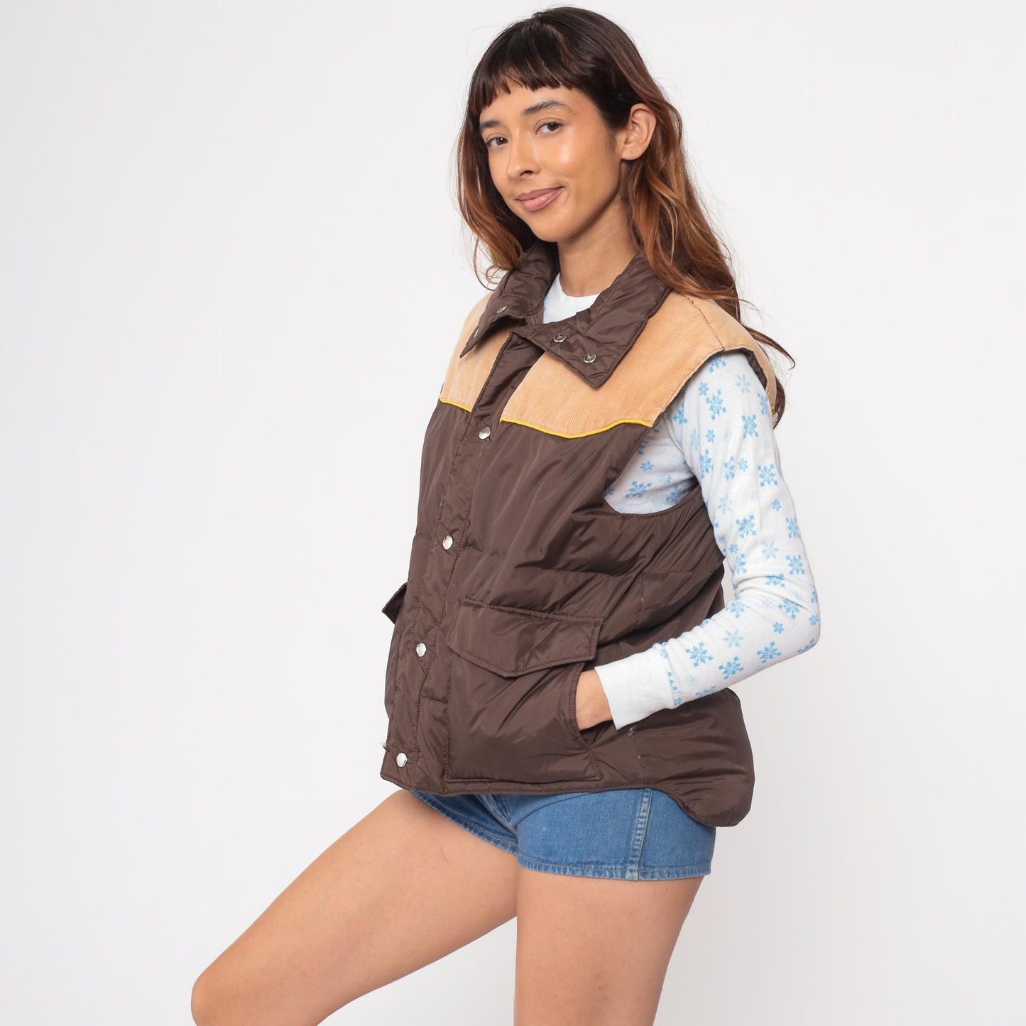 70s Down Hill Western Puffer Vest Brown Corduroy Nylon Snap Front Medium