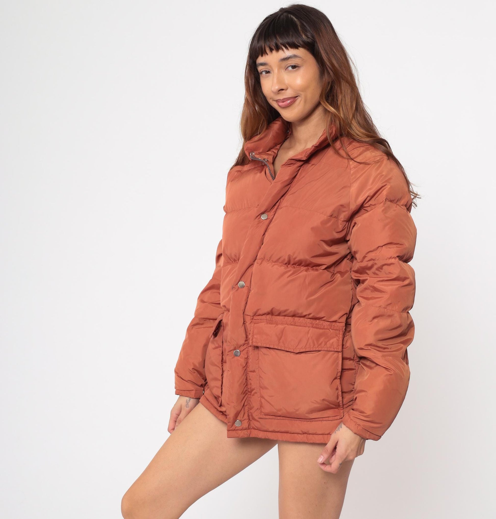 70s Put On Shop Sears Down Puffer Jacket Rust Orange Quilted Small