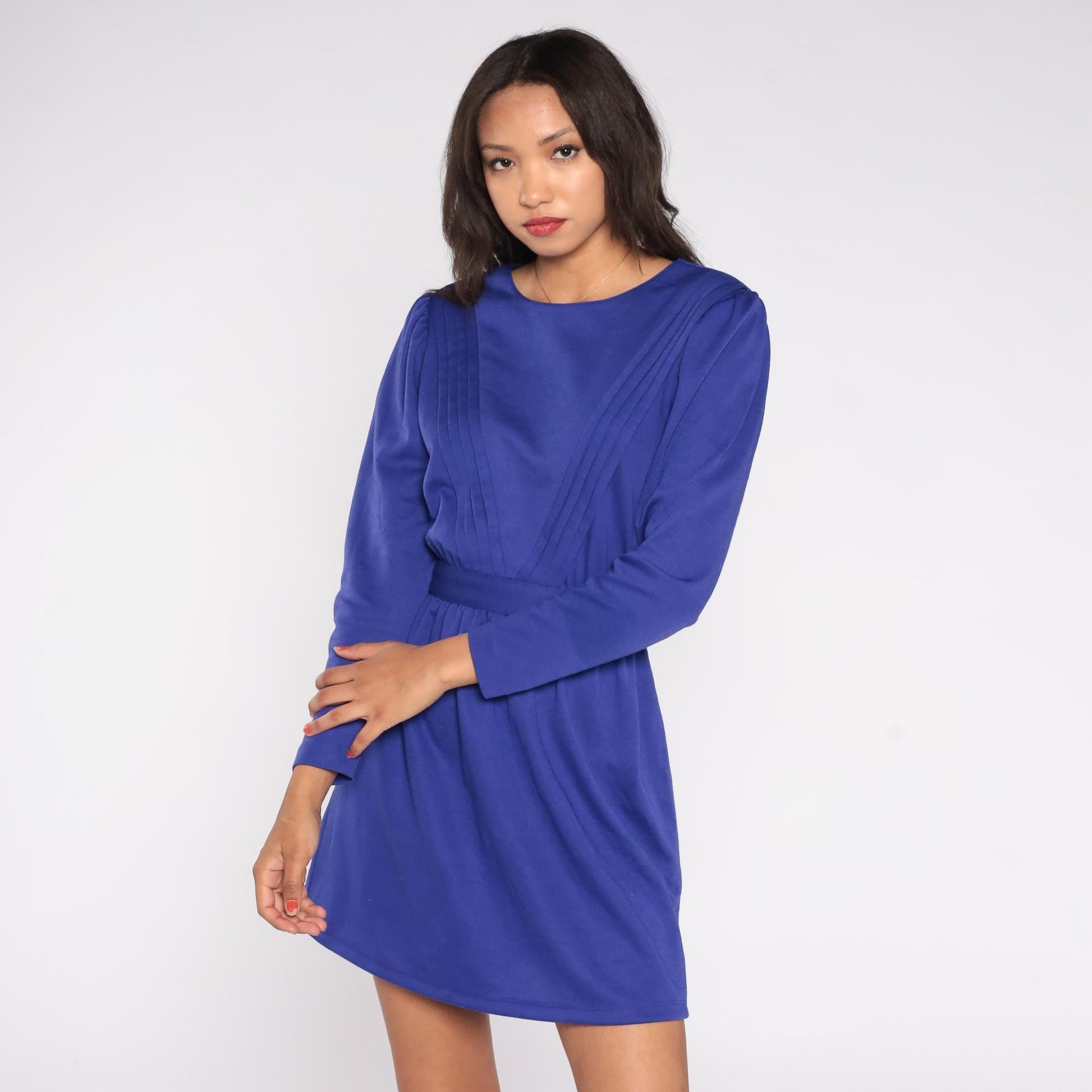 80s Lanz Originals Royal Blue Mini Dress Pleated Long Sleeve Button Back Medium