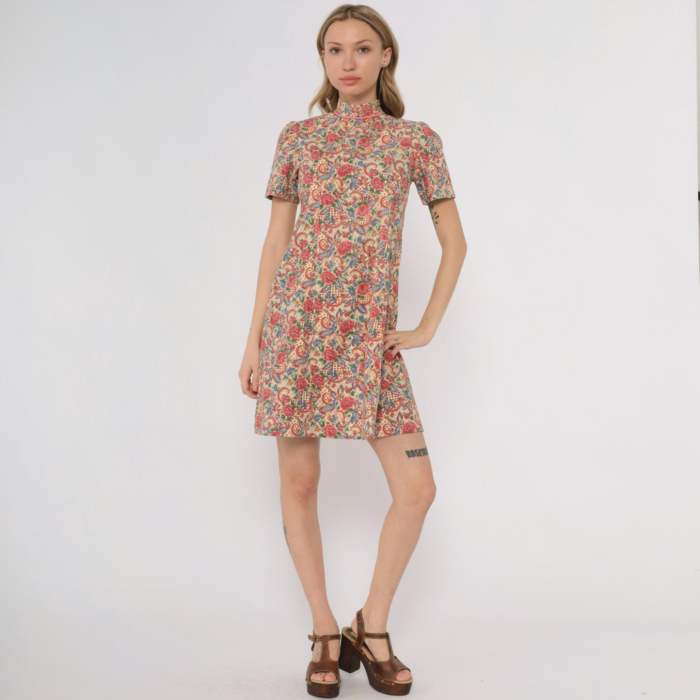70s Floral Paisley Print Mock Neck Midi Dress A-Line Cotton Extra Small XS