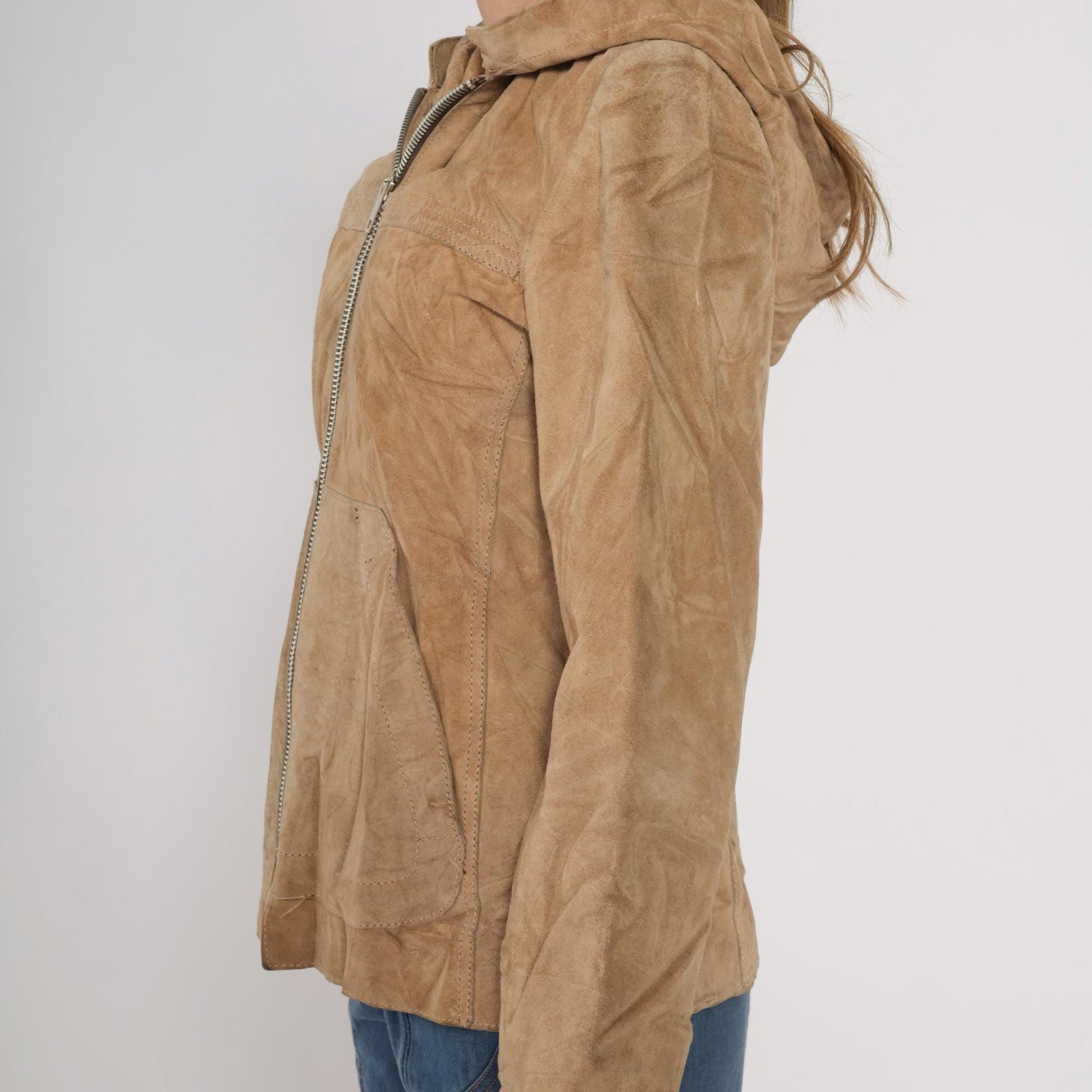 70s Tan Suede Hooded Jacket Zip Front Leather Small S