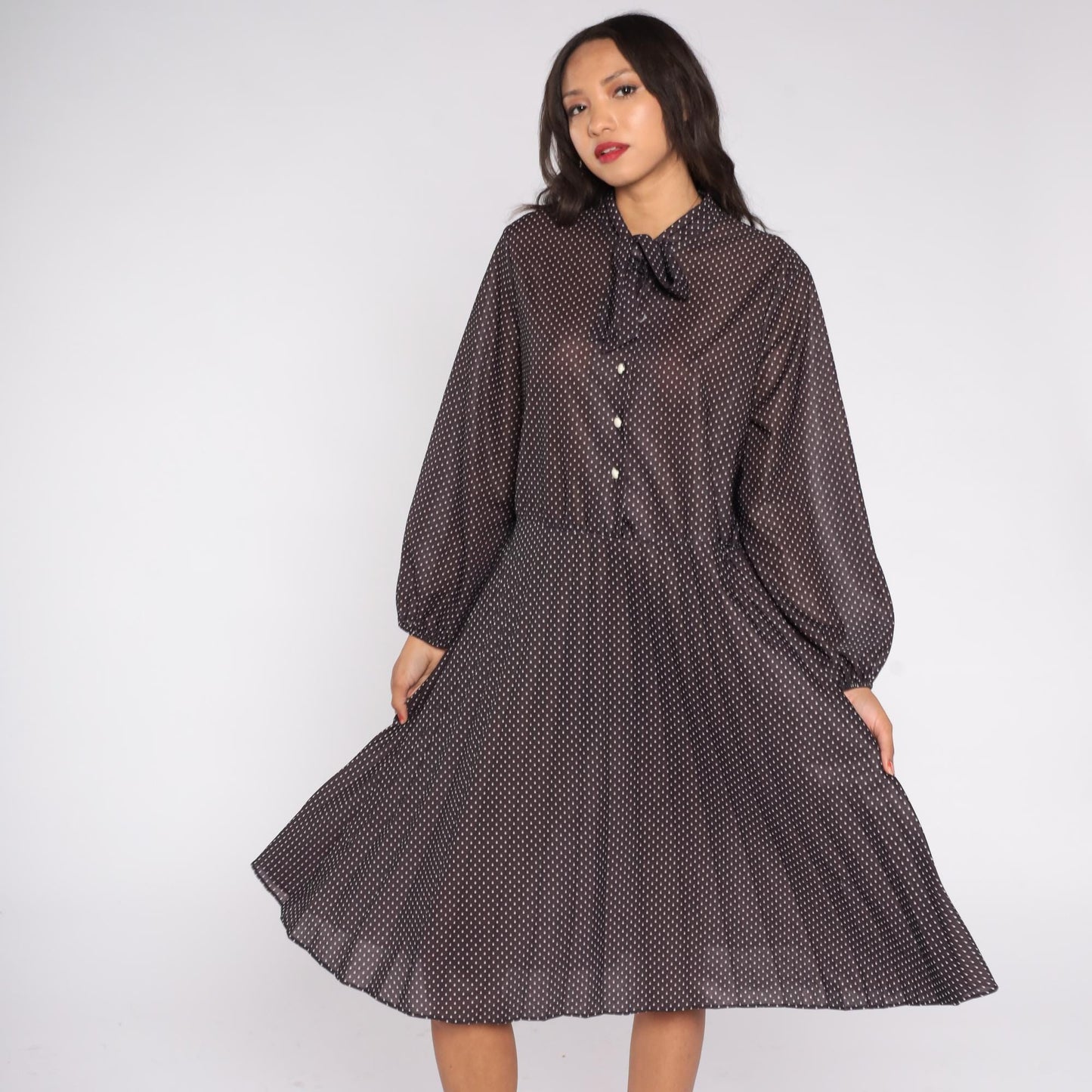 70s Brown Polka Dot Midi Dress Pussy Bow Neckline Button Front Pleated Extra Large