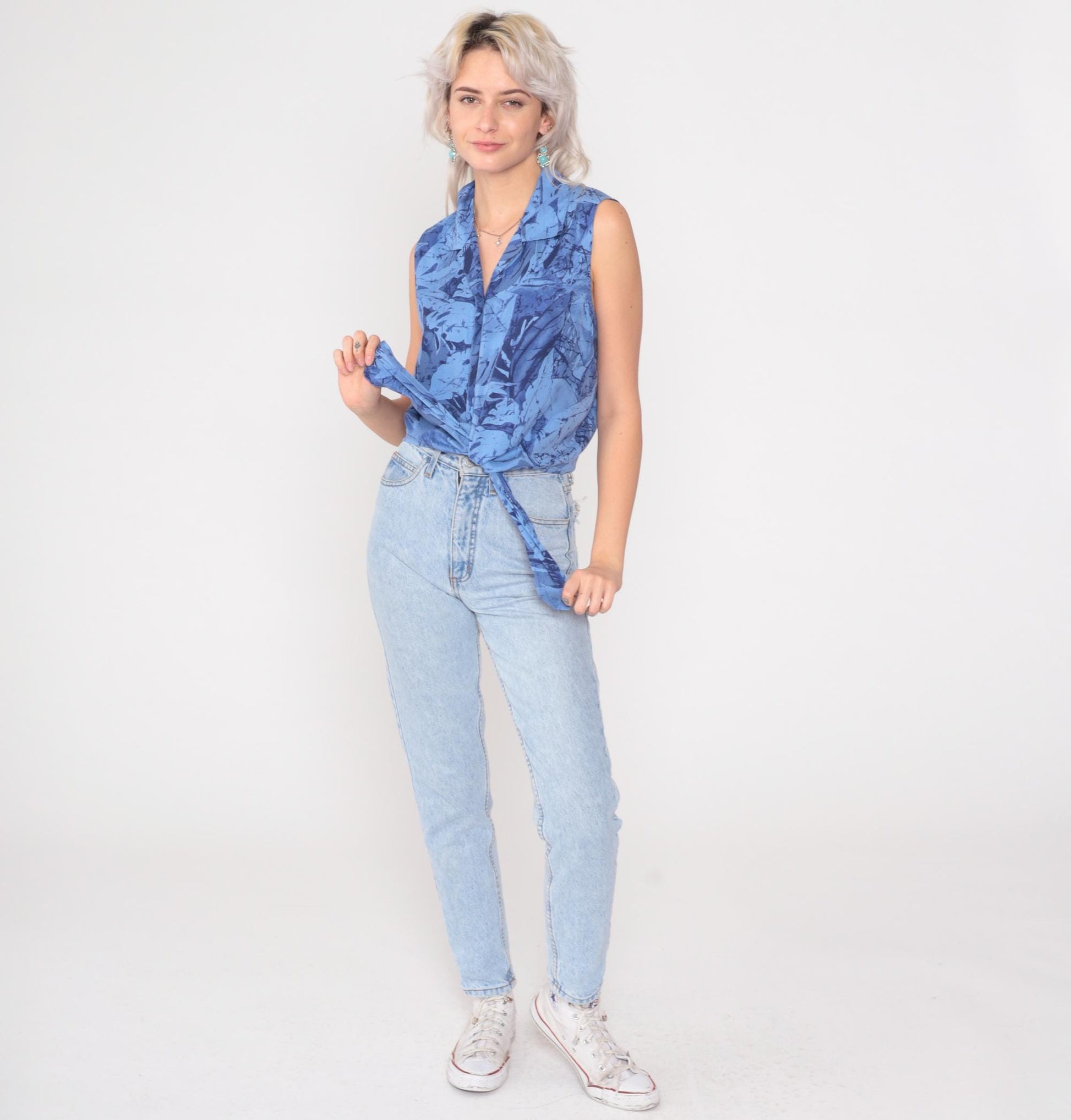 Y2K Blue Silk Crop Top Tropical Leaf Print Tie Front Collared Blouse Medium M