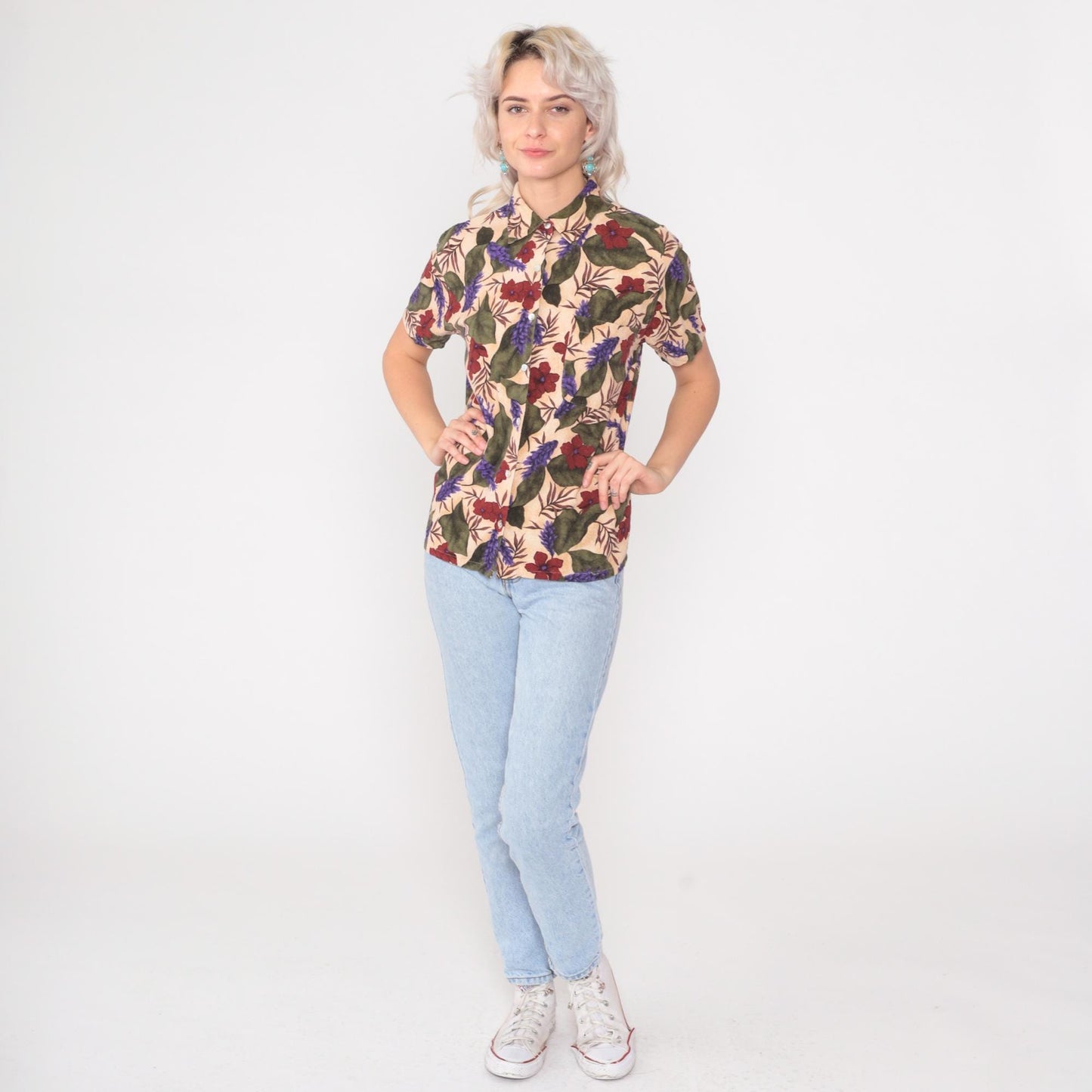 90s Selene Sport Silk Floral Button-Down Blouse Beige Hibiscus Small S