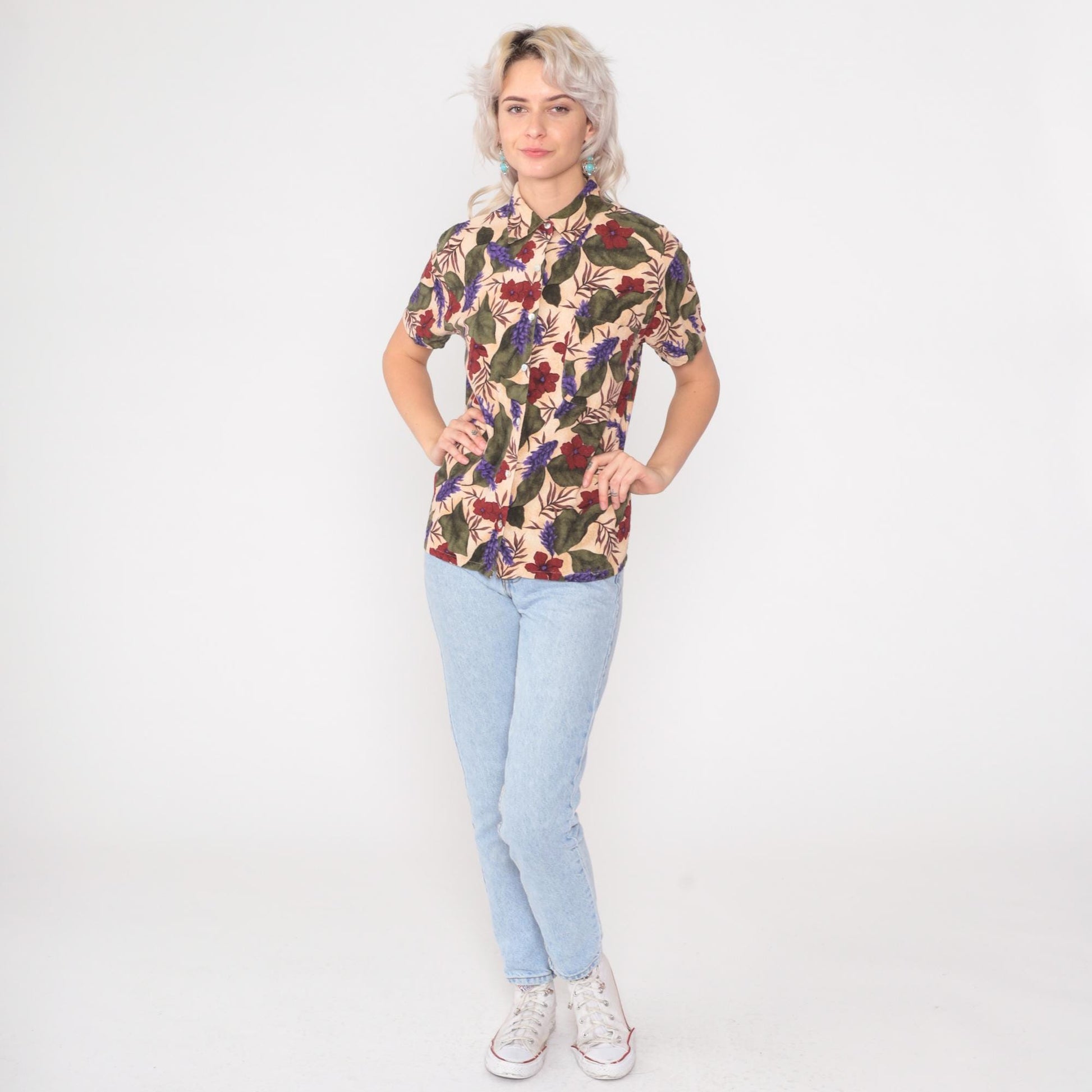 90s Selene Sport Silk Floral Button-Down Blouse Beige Hibiscus Small S
