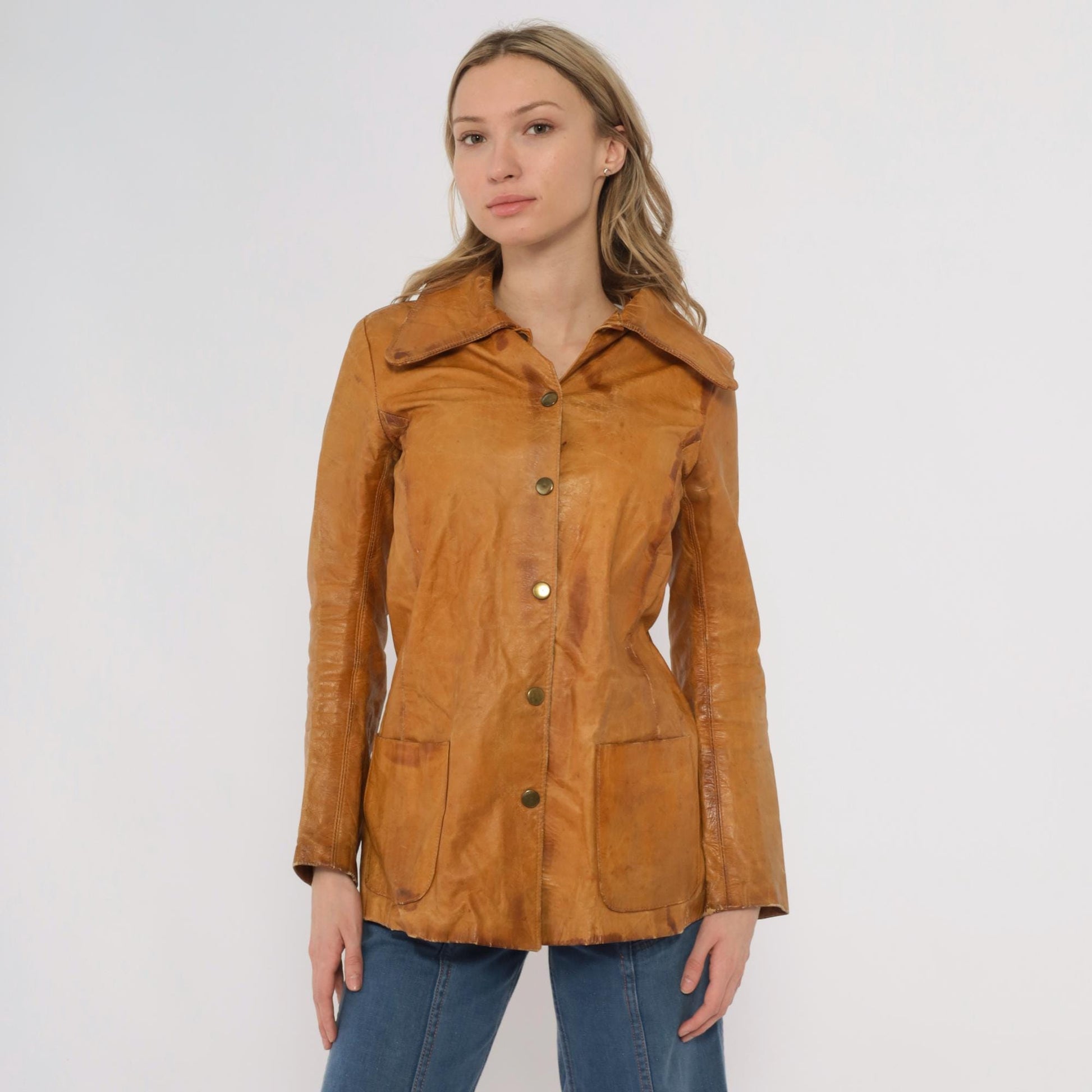 70s Tan Leather Jacket Button Front Pointed Collar Distressed XS