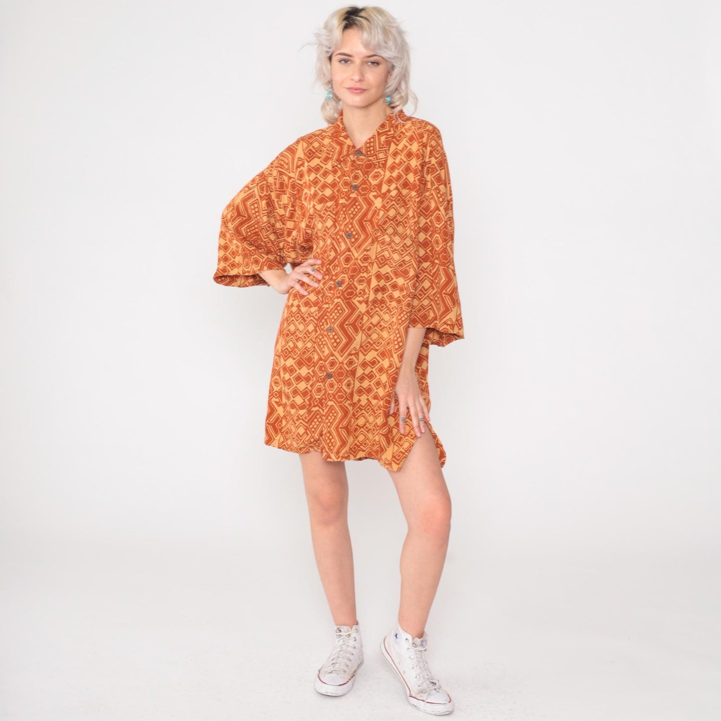 90s Noa Noa Hawaiian Shirt Dress Orange Rayon Tapa Print Midi XL