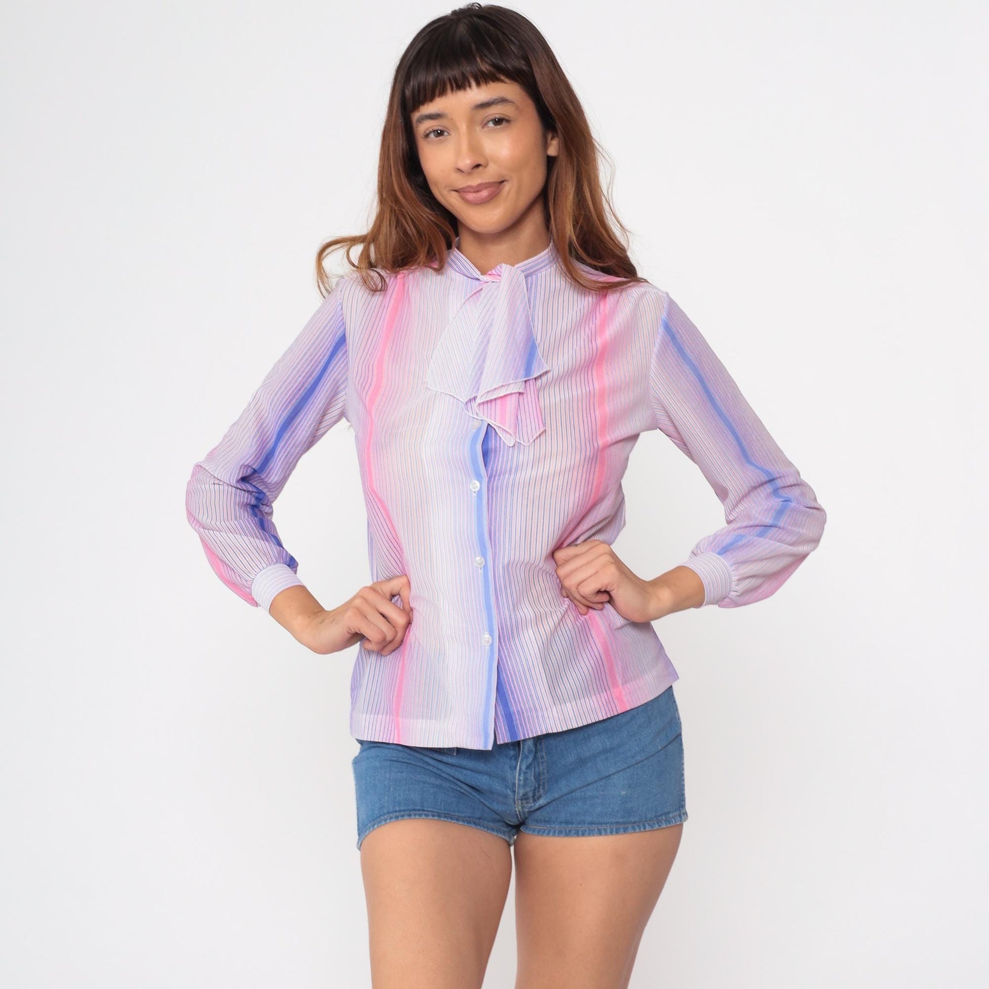 70s Alfred Dunner Striped Pussy Bow Blouse Pink Blue Button Up Small