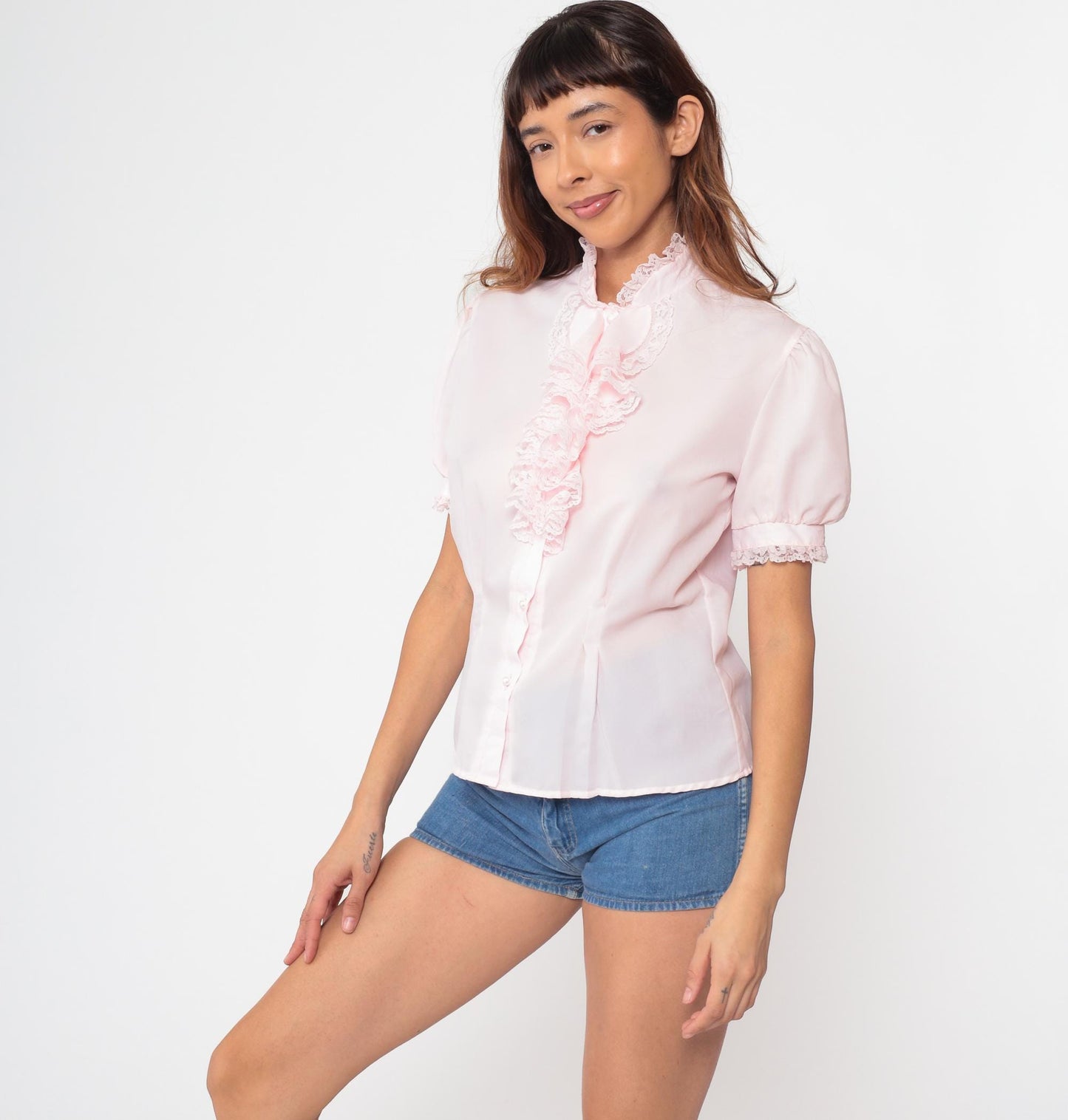 80s Pink Ruffle Lace Blouse Puff Sleeve Button Up Small