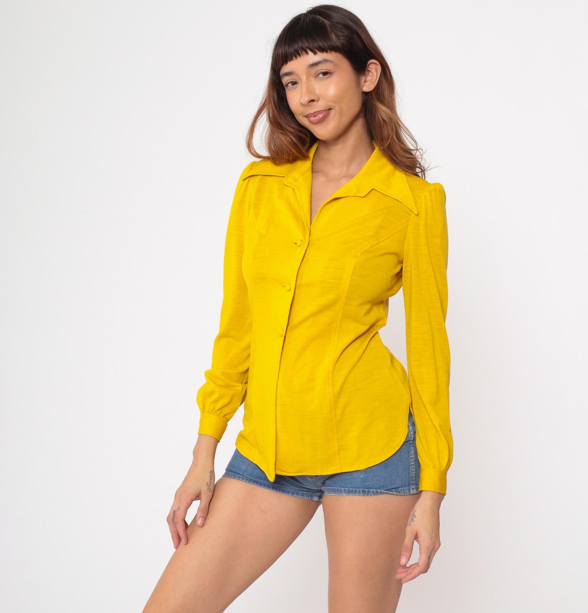 70s Mustard Yellow Button-Up Blouse Pointed Collar Long Sleeve Small S