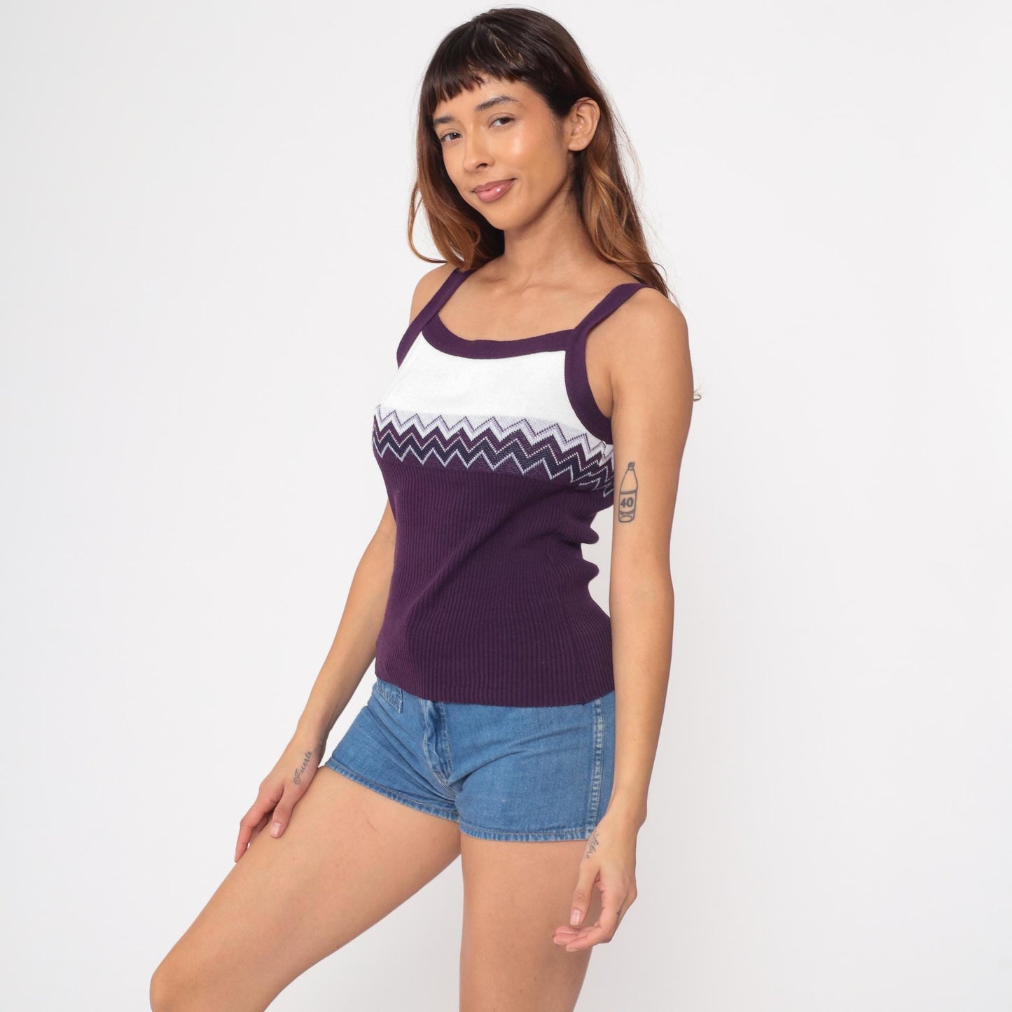 90s No Boundaries Chevron Tank Top Purple White Ribbed Small
