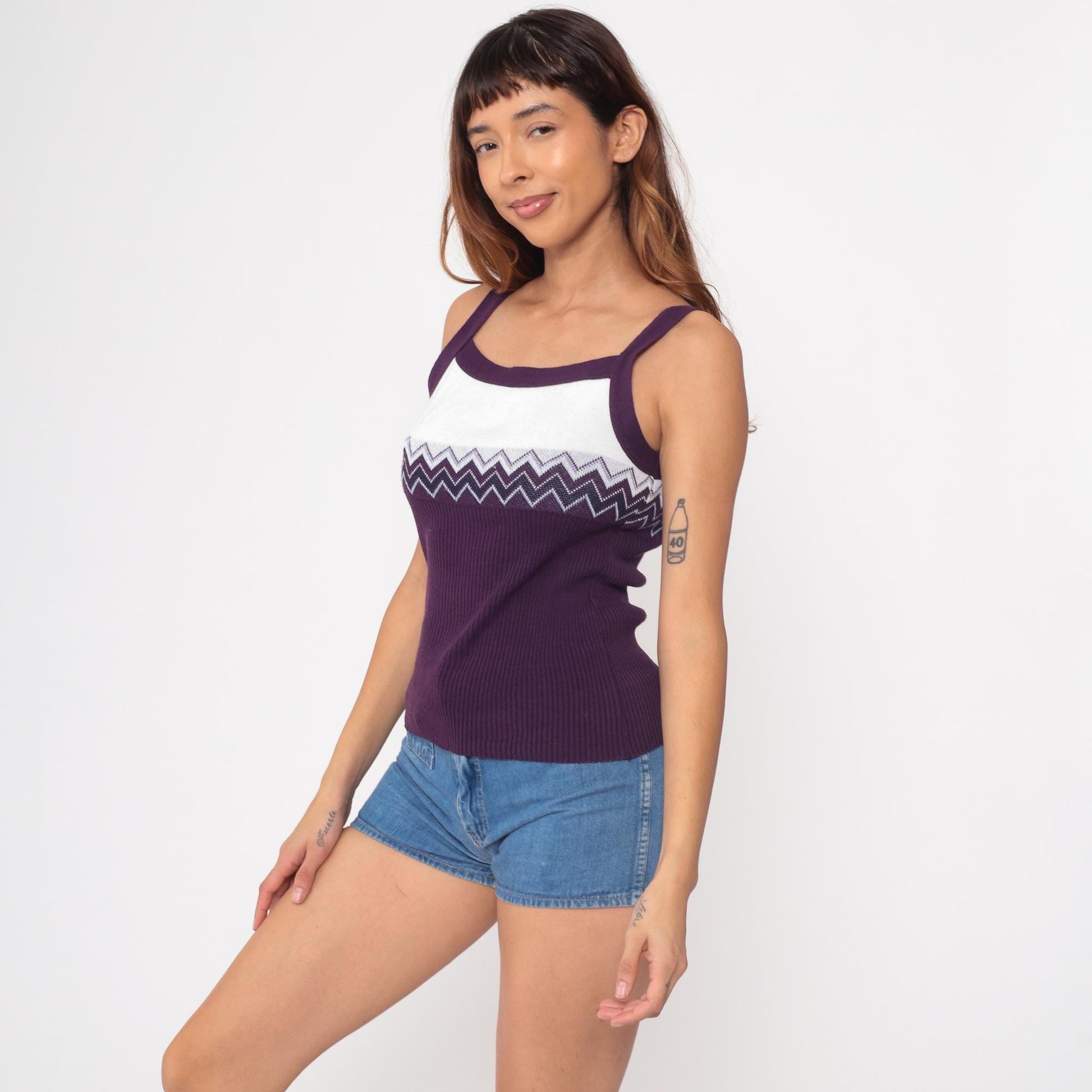 90s No Boundaries Chevron Tank Top Purple White Ribbed Small
