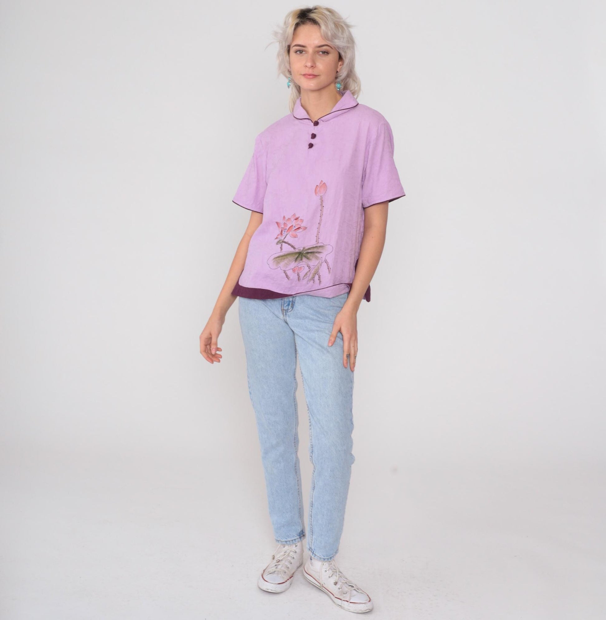 Y2K Lotus Flower Silk Henley Top Lavender Purple Piping Short Sleeve Large L