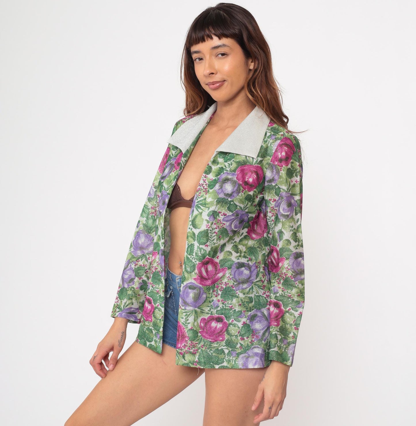 70s Floral Blazer Pink Purple Rose Print Light Green White Collar Small