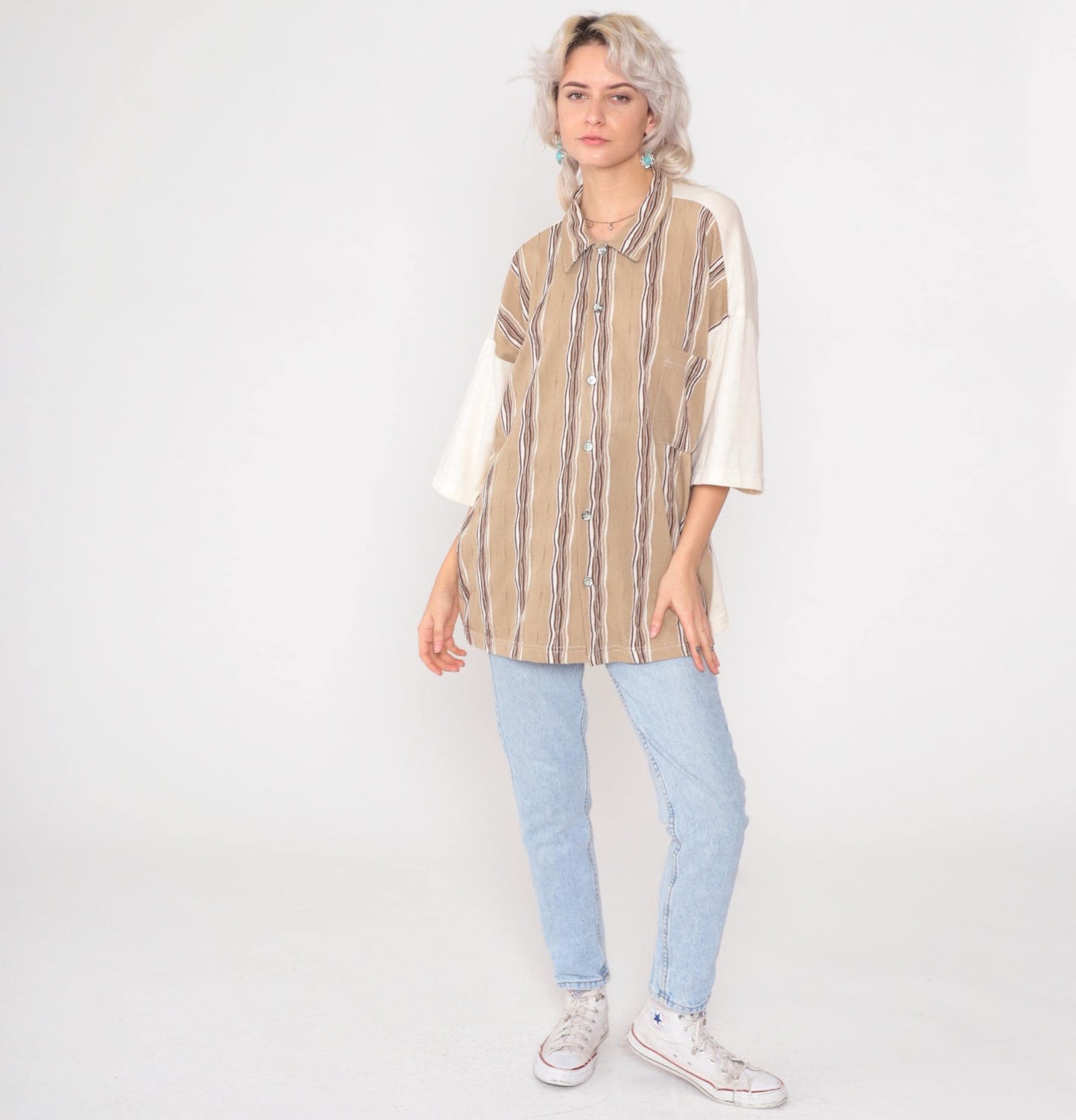 90s Raw Rags Striped Colorblock Button Up Shirt Tan Cream Brown Large L