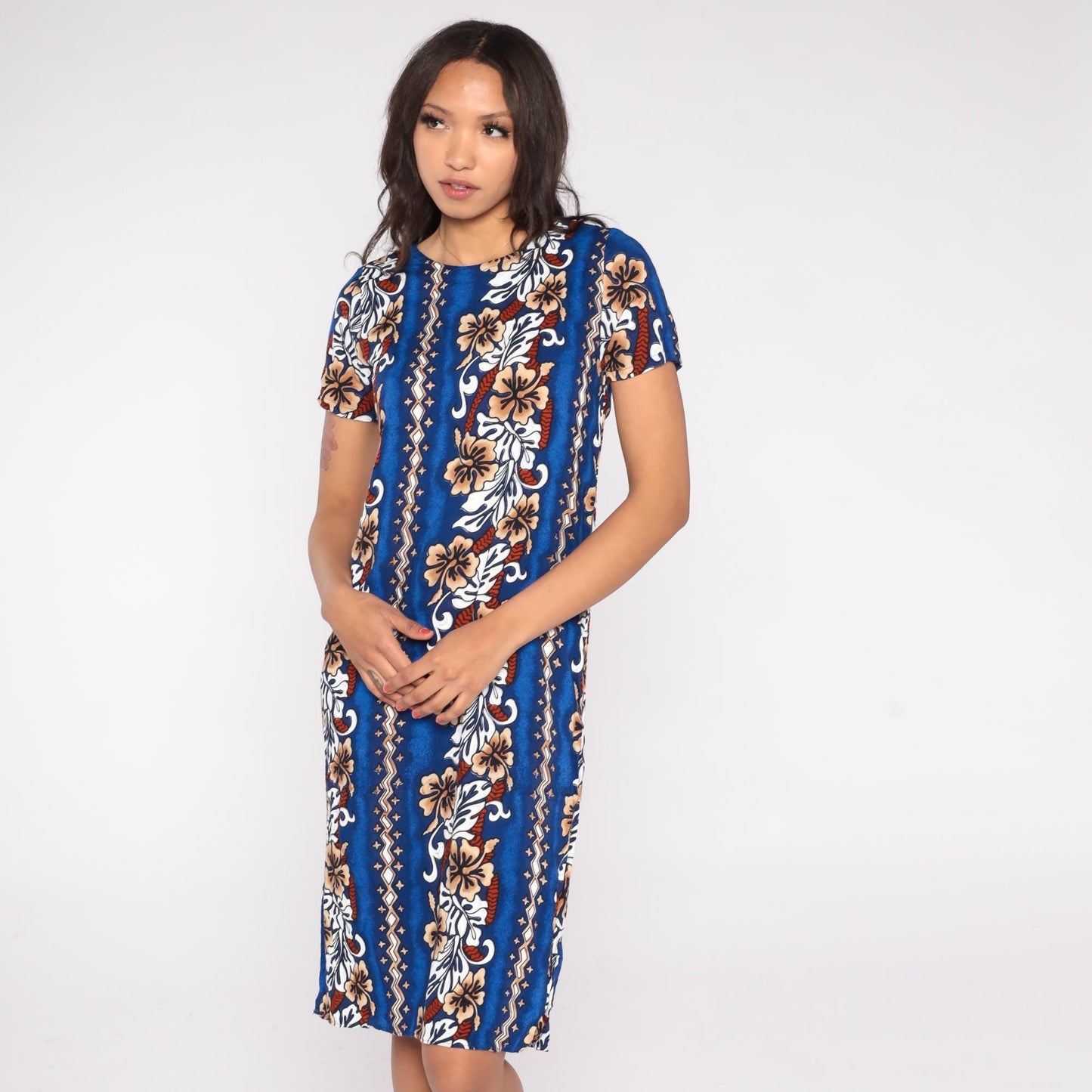 90s Blue Hawaiian Midi Dress Hibiscus Floral Stripe Rayon Small