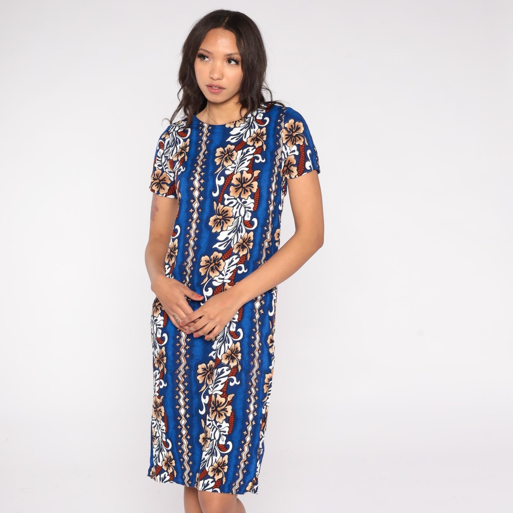 90s Blue Hawaiian Midi Dress Hibiscus Floral Stripe Rayon Small