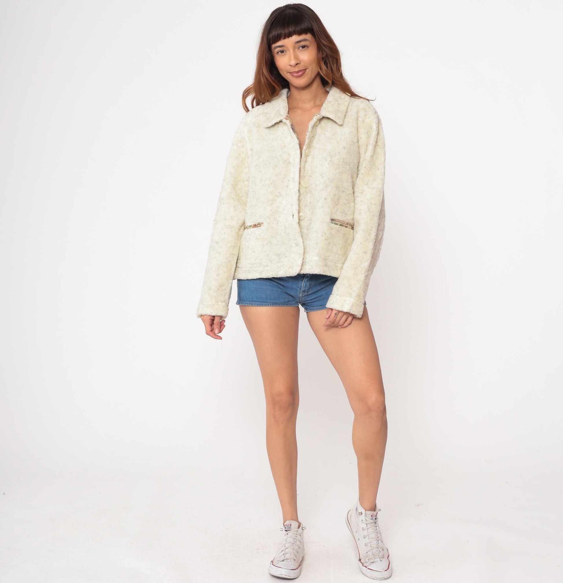 90s Cambridge Classics Cream Fleece Jacket Button Front Cropped Large L