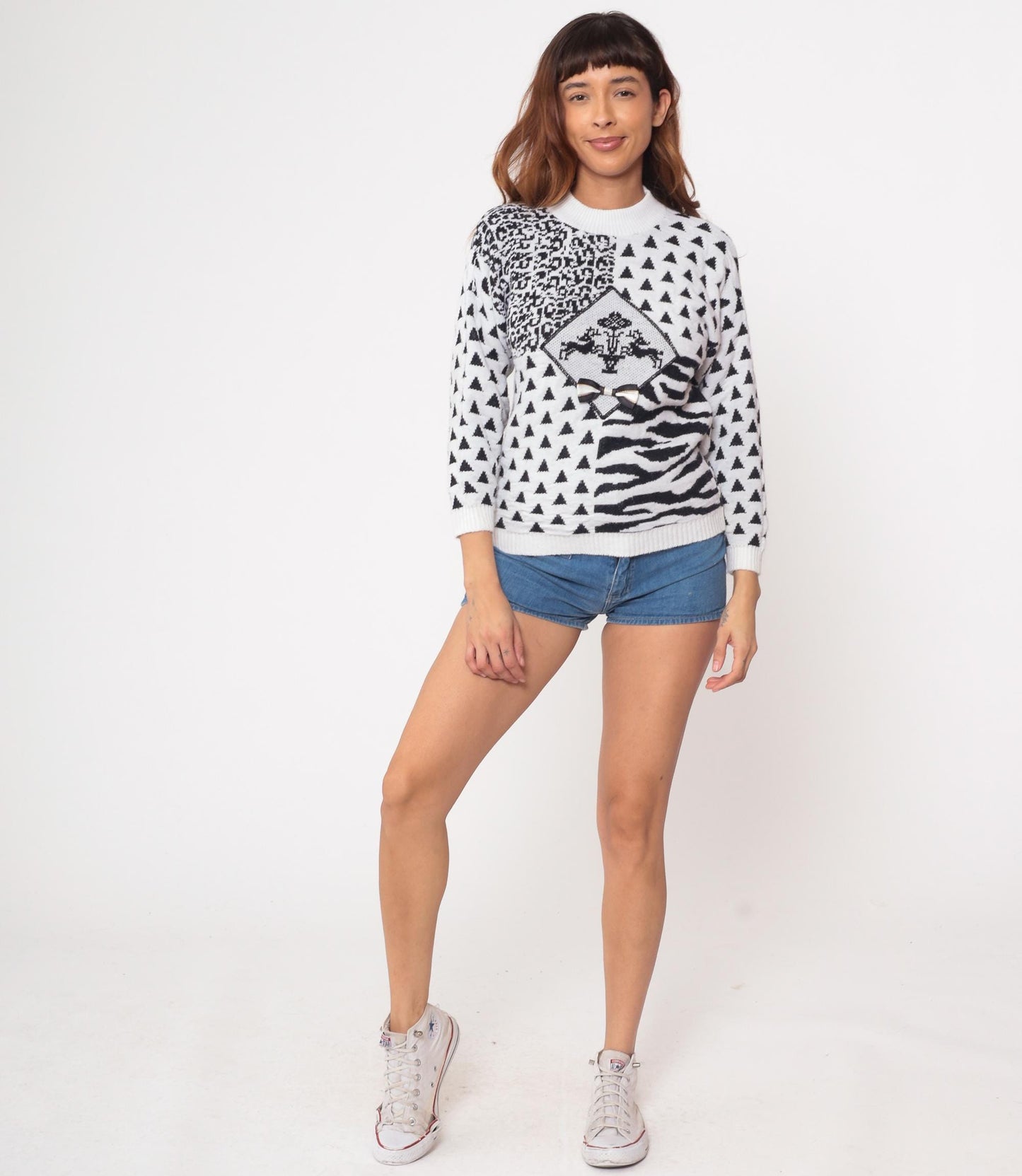 90s Animal Print Knit Sweater White Black Leopard Zebra Pullover Small S