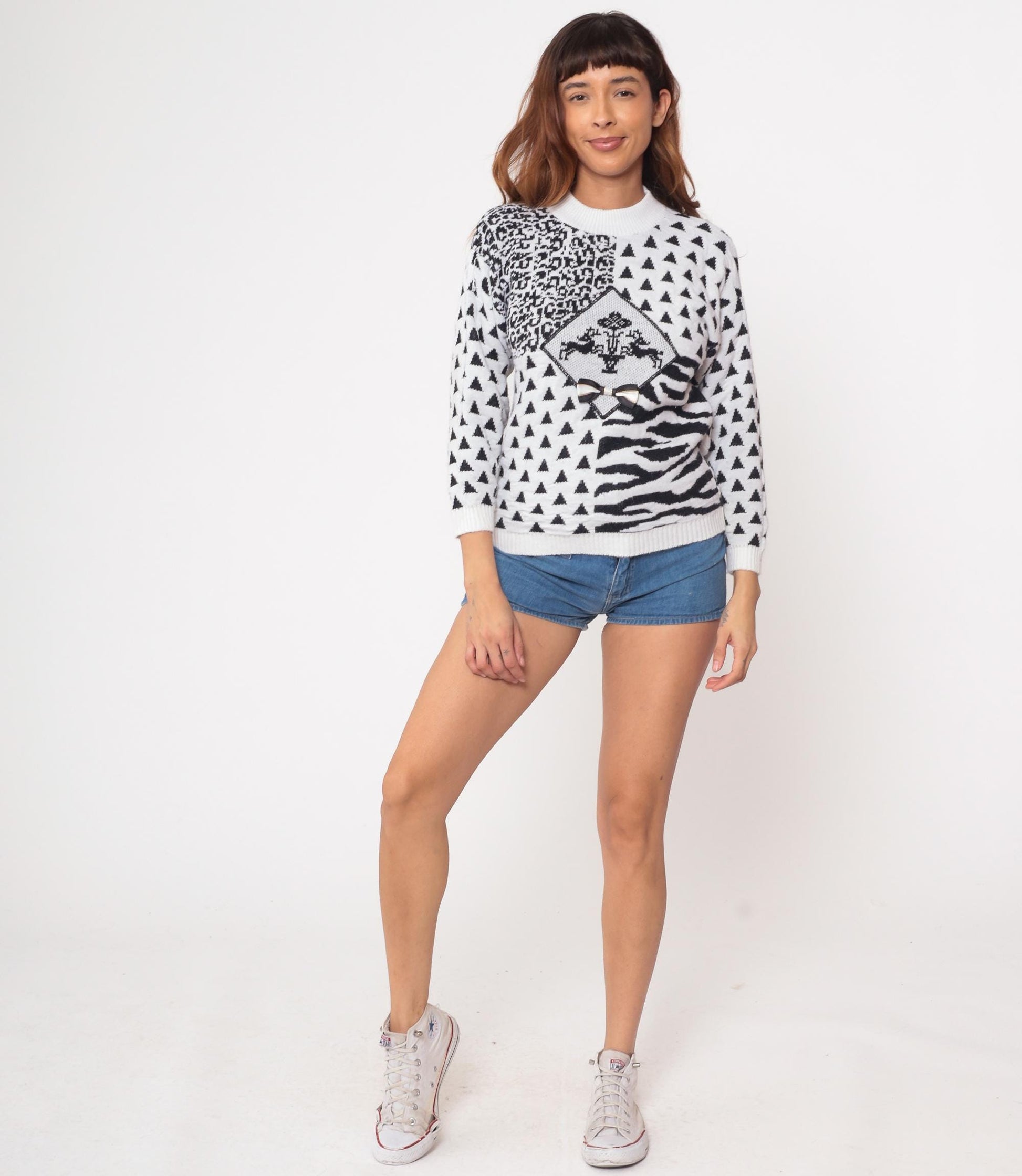 90s Animal Print Knit Sweater White Black Leopard Zebra Pullover Small S