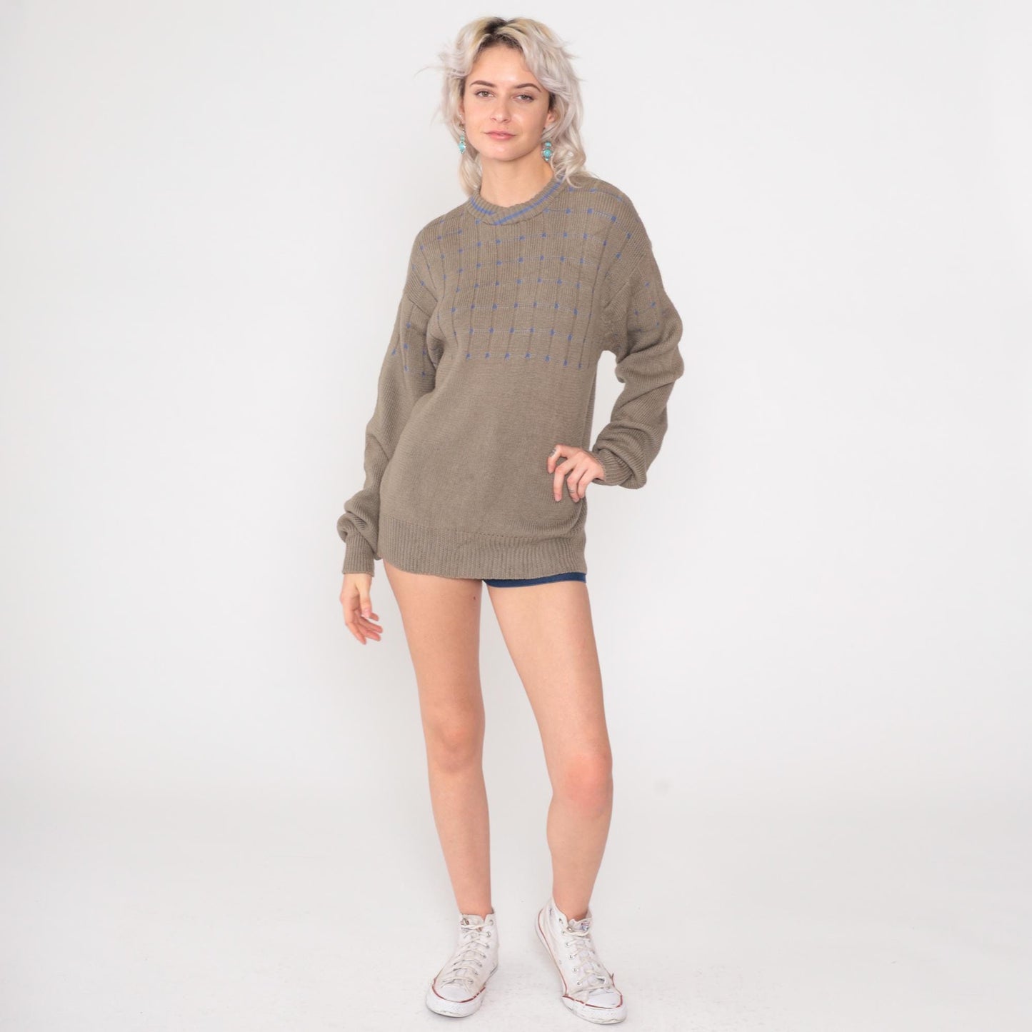 80s Gianfranco Ruffini Wool Sweater Taupe Grid Crewneck Drop Shoulder Large L