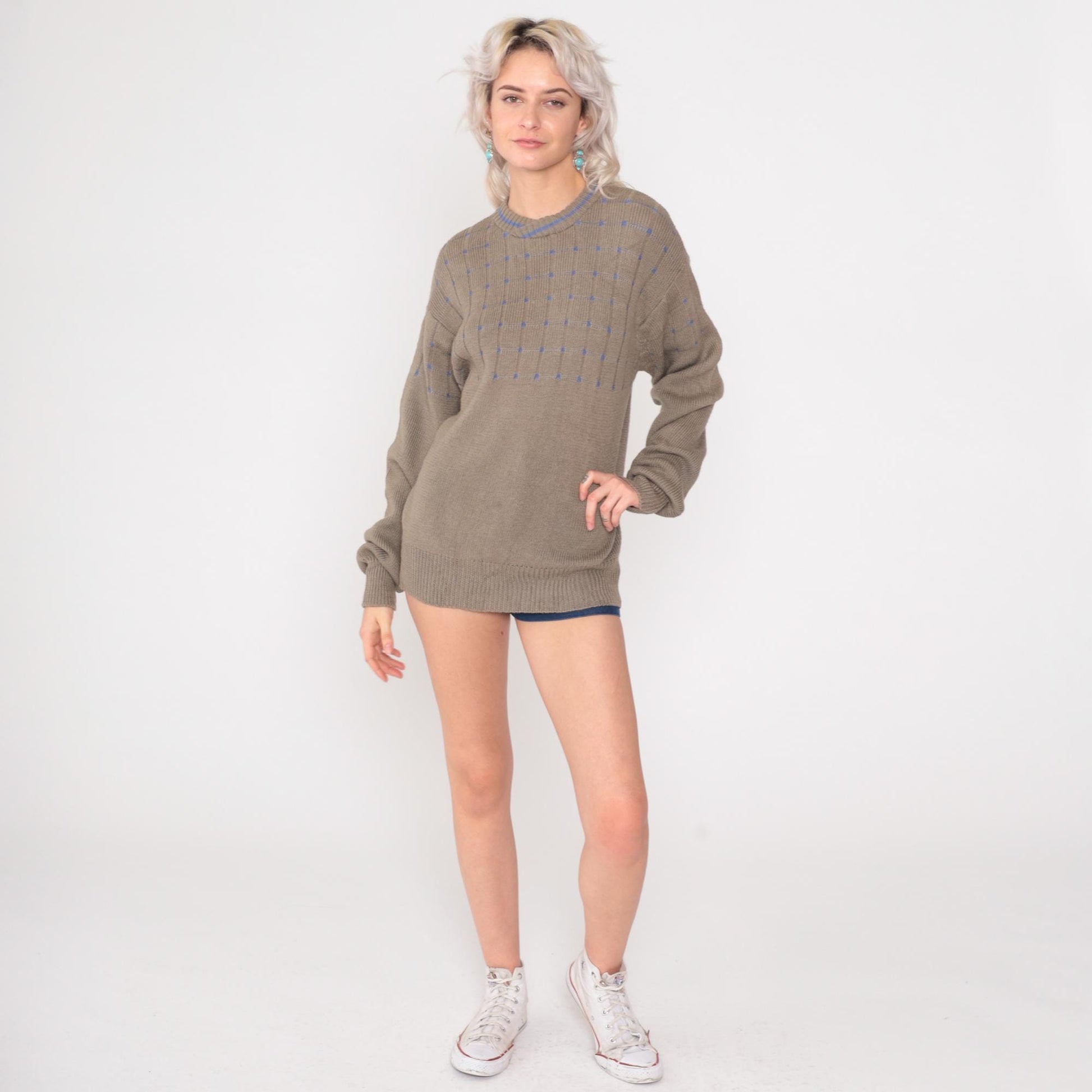 80s Gianfranco Ruffini Wool Sweater Taupe Grid Crewneck Drop Shoulder Large L