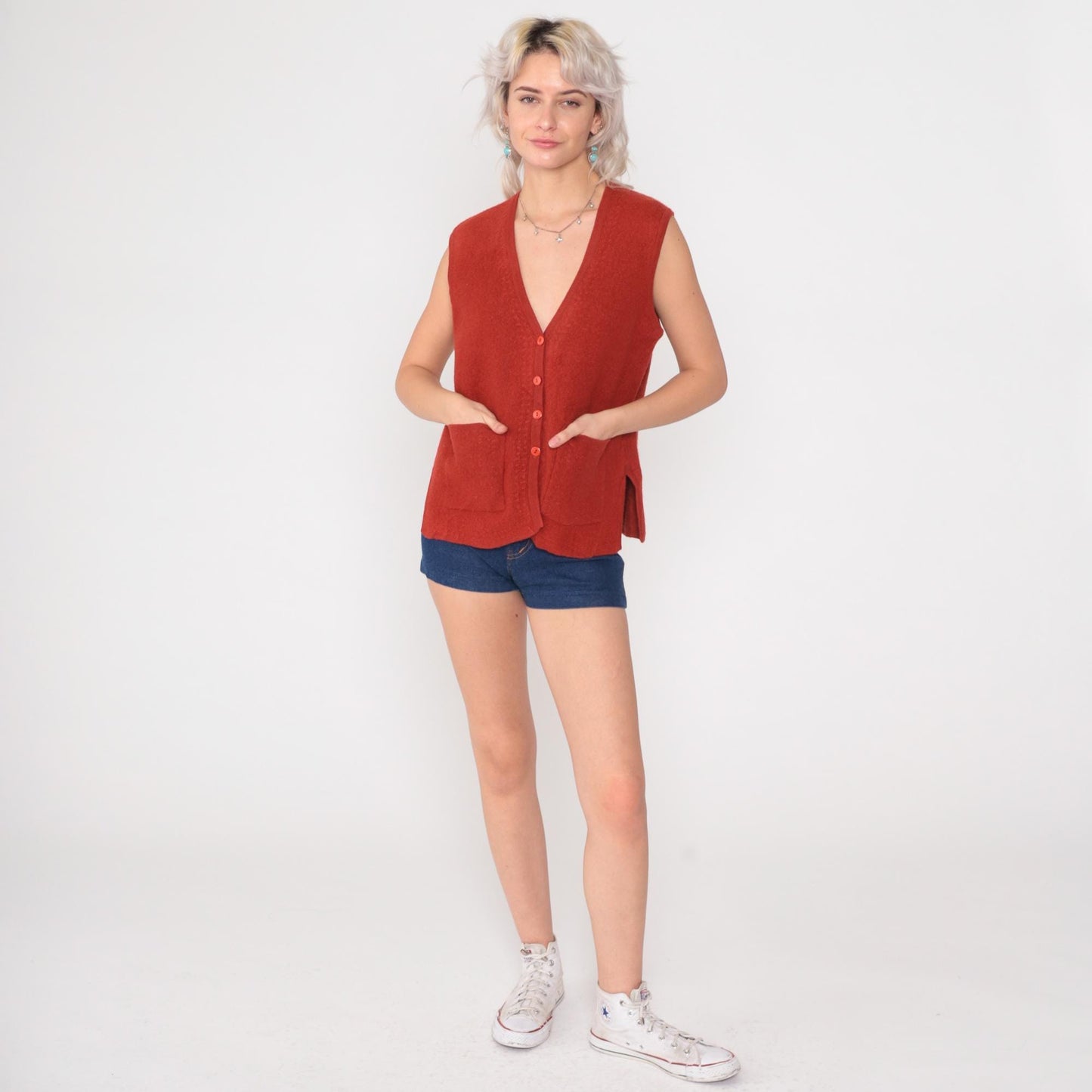 70s Wool Sweater Vest Orange Button Front V-Neck Knit Medium M