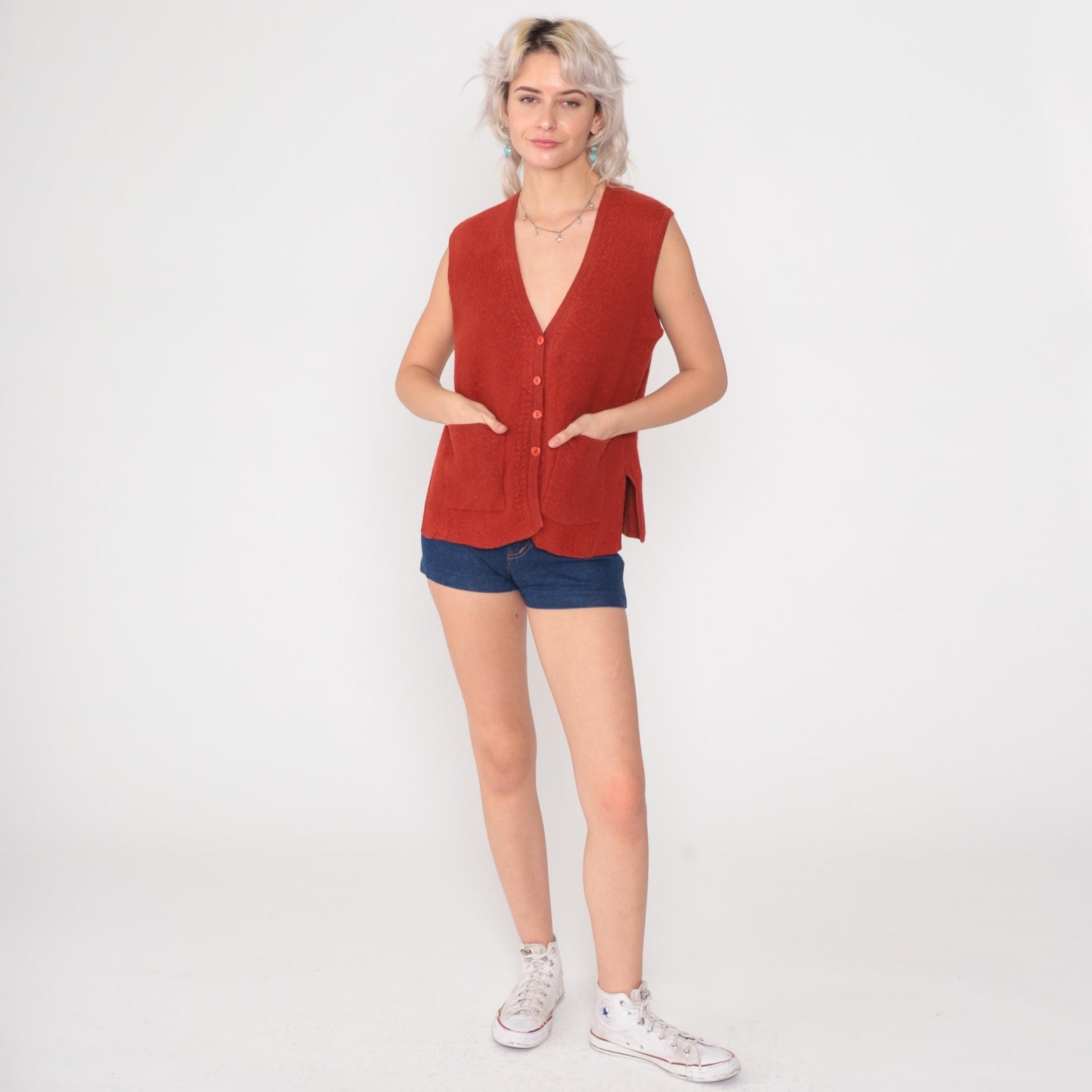 70s Wool Sweater Vest Orange Button Front V-Neck Knit Medium M