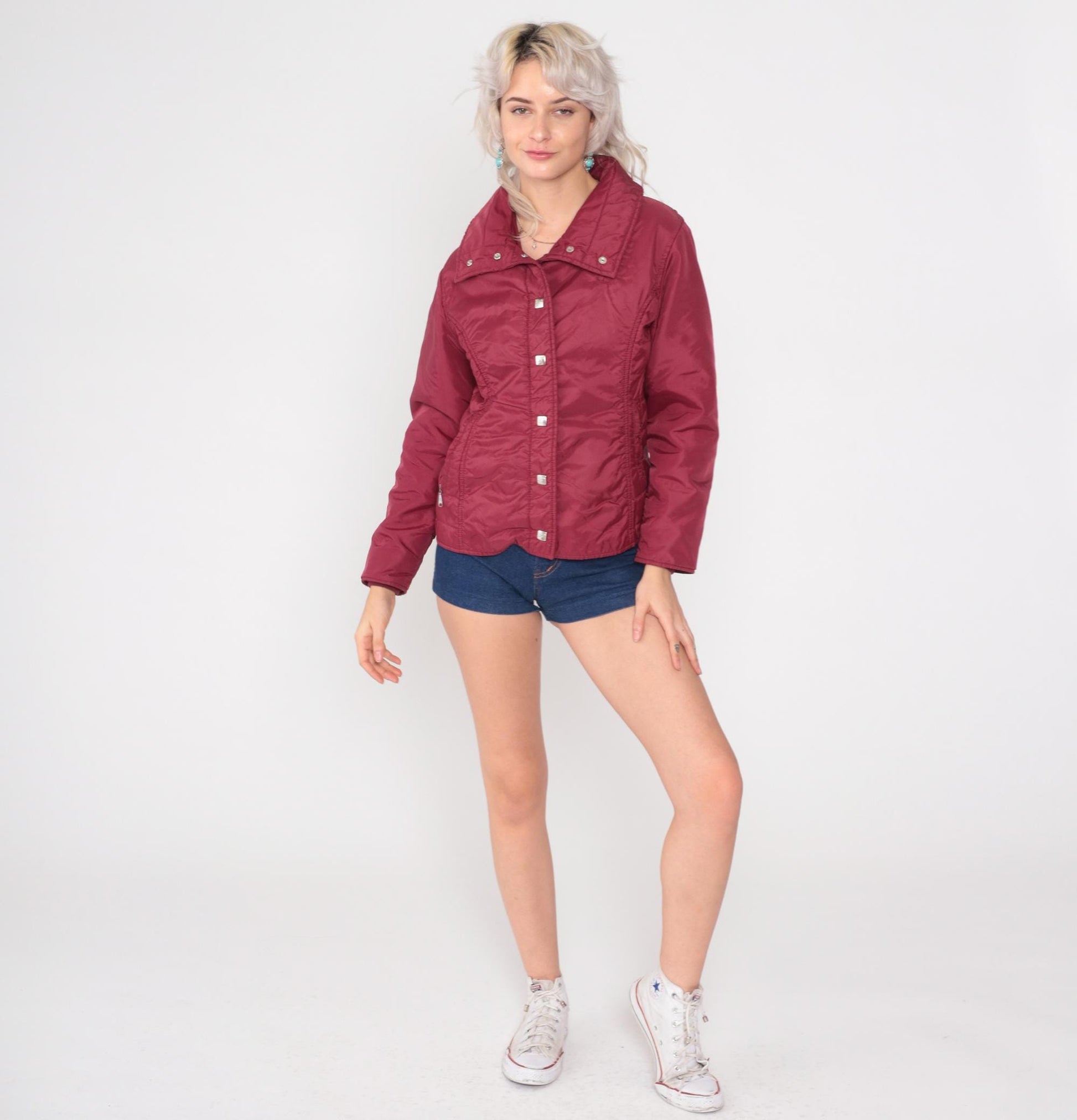 80s Sportscaster Burgundy Nylon Puffer Jacket Snap Front Small