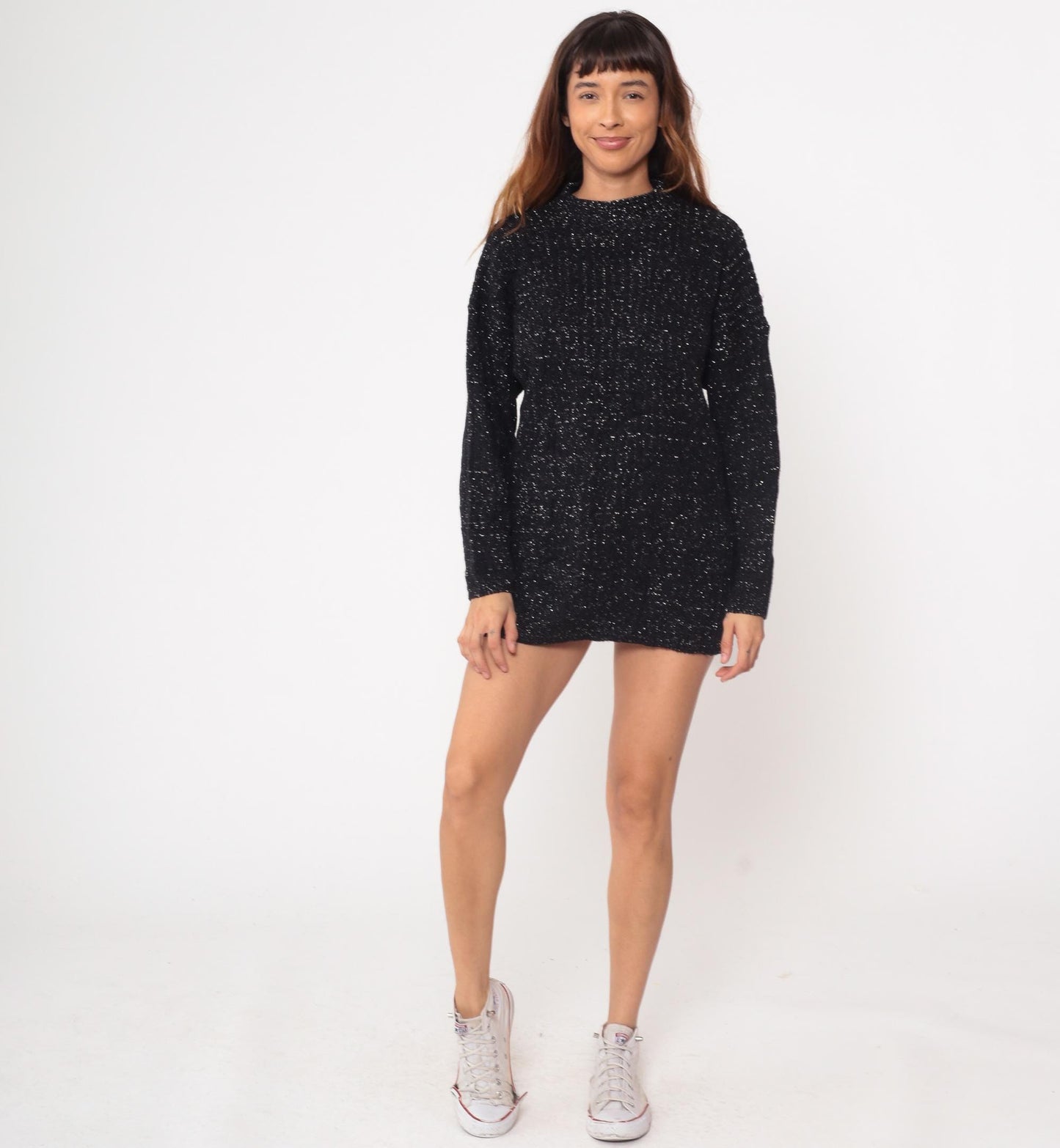 80s American Pride Black Lurex Knit Sweater Metallic Silver Tunic Large L